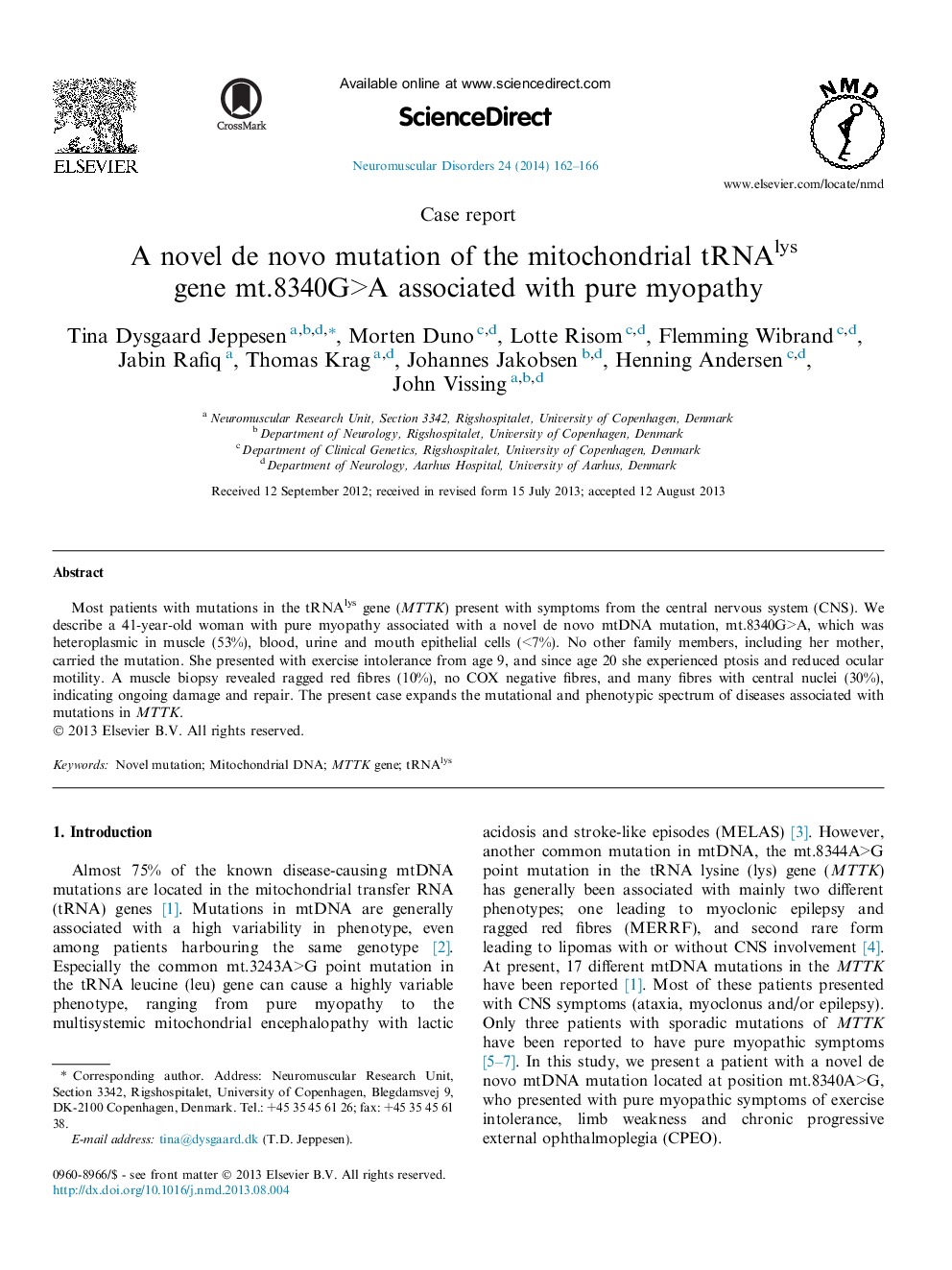 A novel de novo mutation of the mitochondrial tRNAlys gene mt.8340G>A associated with pure myopathy