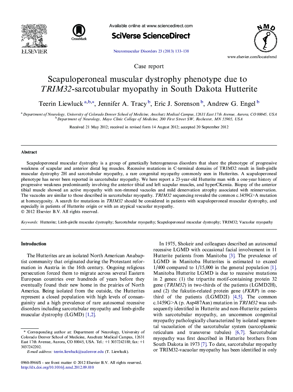 Case reportScapuloperoneal muscular dystrophy phenotype due to TRIM32-sarcotubular myopathy in South Dakota Hutterite