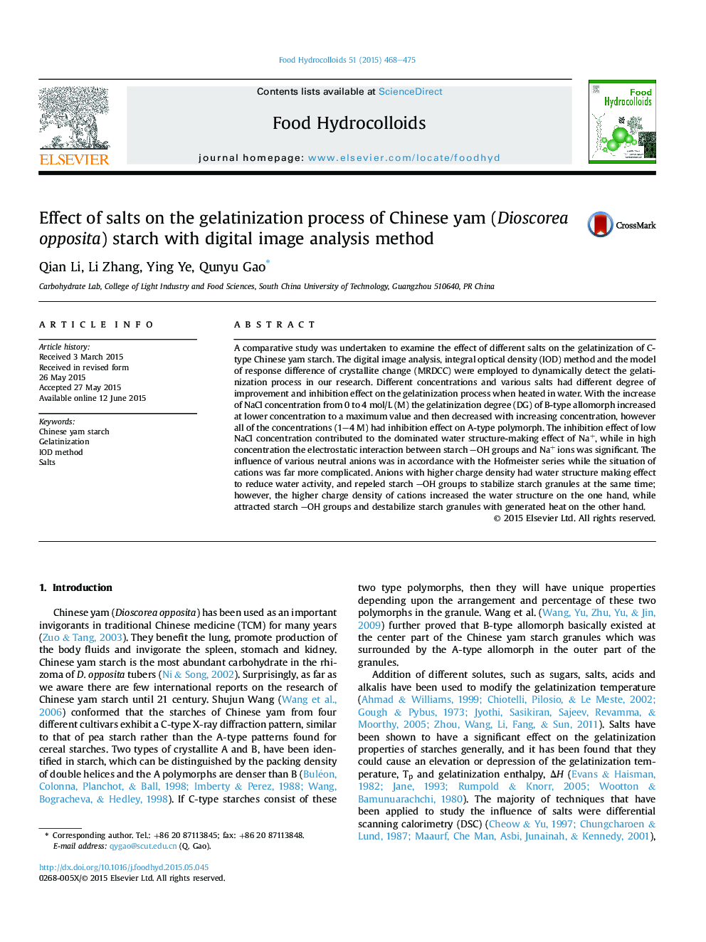 Effect of salts on the gelatinization process of Chinese yam (Dioscorea opposita) starch with digital image analysis method