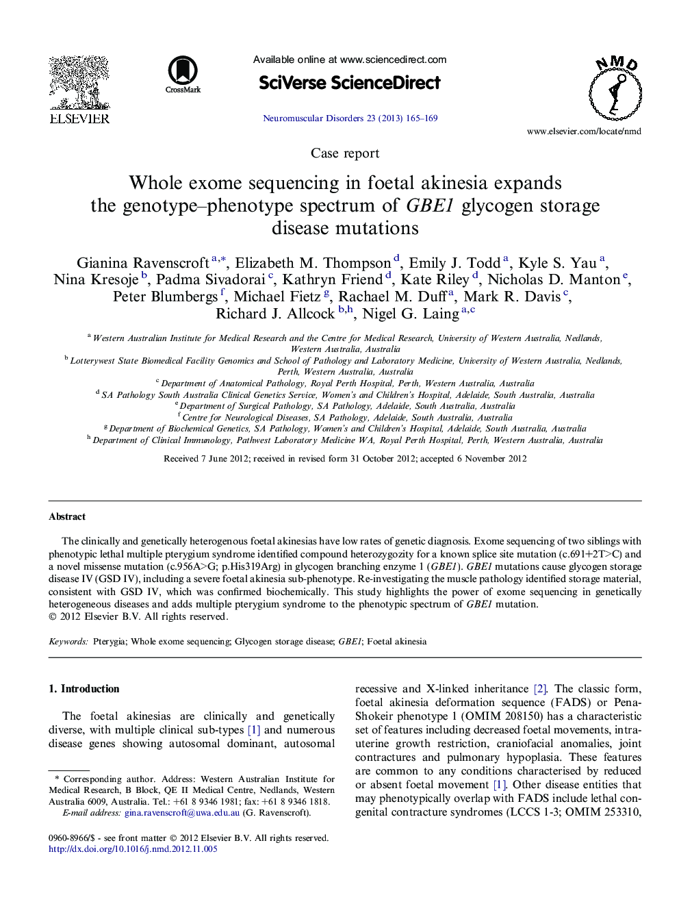 Case reportWhole exome sequencing in foetal akinesia expands the genotype-phenotype spectrum of GBE1 glycogen storage disease mutations