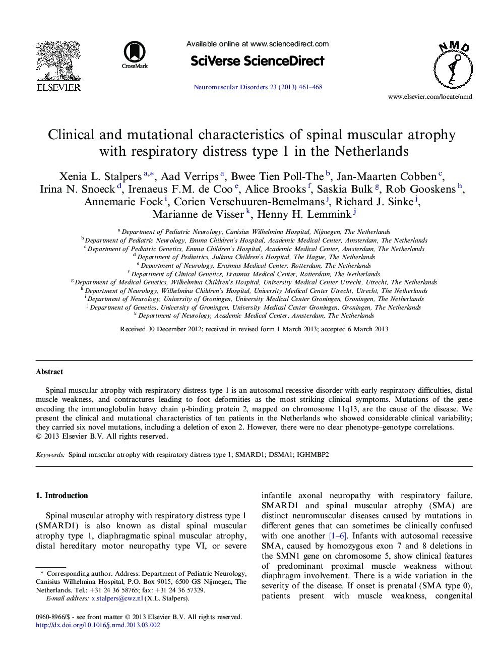 Clinical and mutational characteristics of spinal muscular atrophy with respiratory distress type 1 in the Netherlands