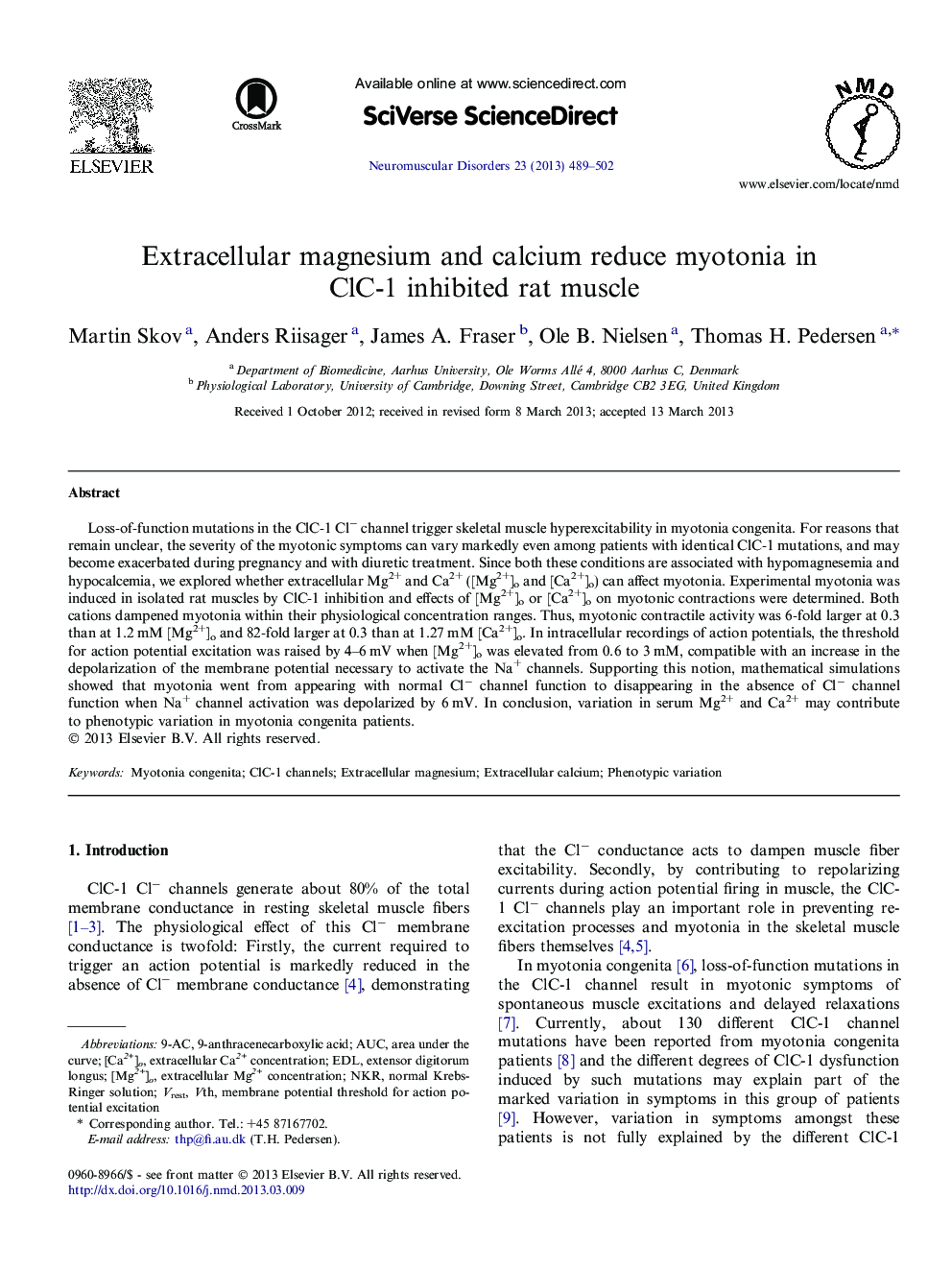 Extracellular magnesium and calcium reduce myotonia in ClC-1 inhibited rat muscle