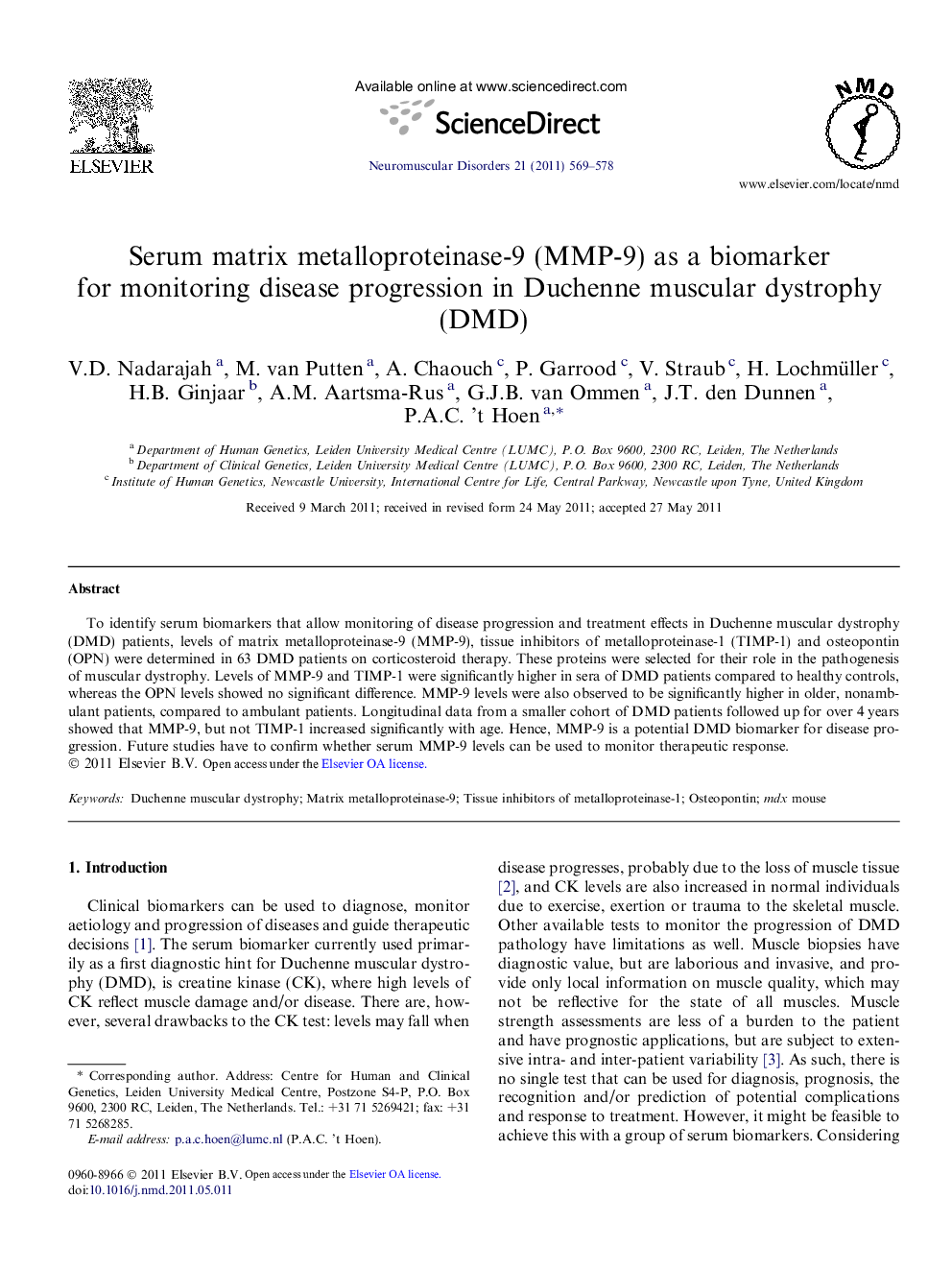 Serum matrix metalloproteinase-9 (MMP-9) as a biomarker for monitoring disease progression in Duchenne muscular dystrophy (DMD)