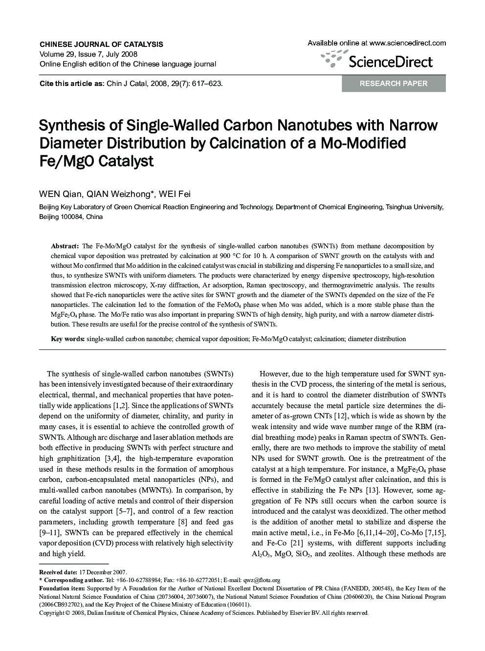 Synthesis of Single-Walled Carbon Nanotubes with Narrow Diameter Distribution by Calcination of a Mo-Modified Fe/MgO Catalyst 