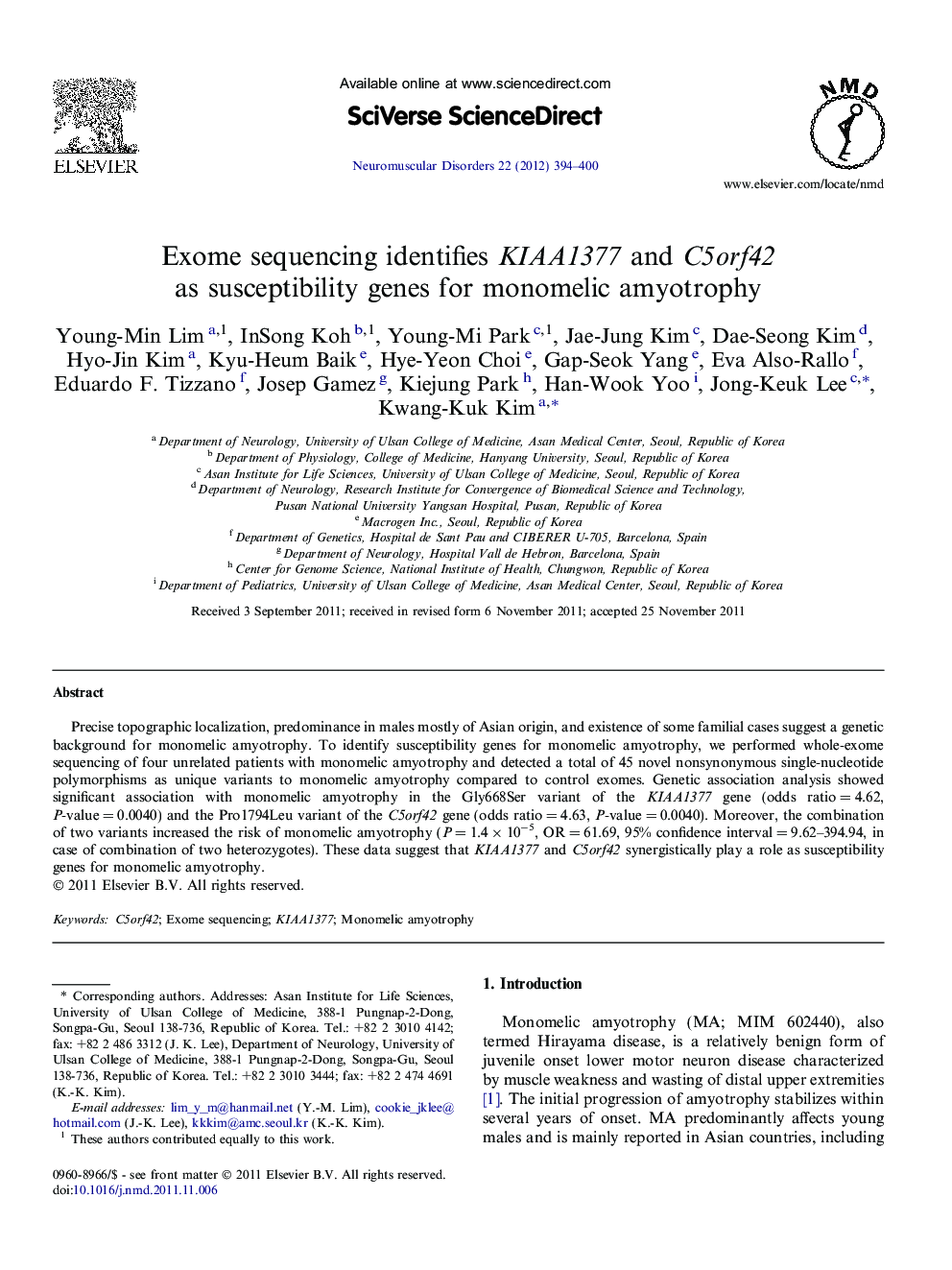 Exome sequencing identifies KIAA1377 and C5orf42 as susceptibility genes for monomelic amyotrophy