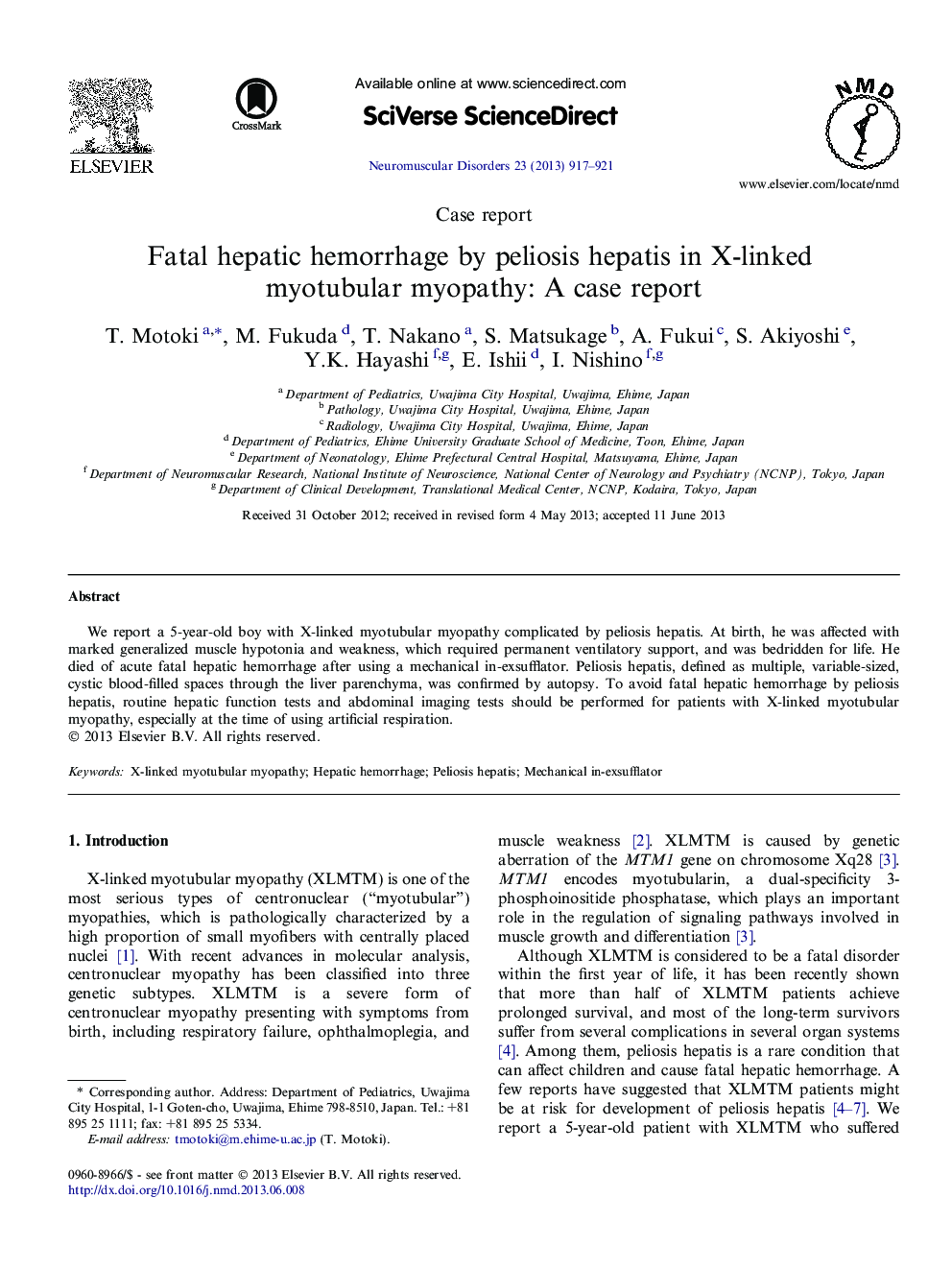 Fatal hepatic hemorrhage by peliosis hepatis in X-linked myotubular myopathy: A case report