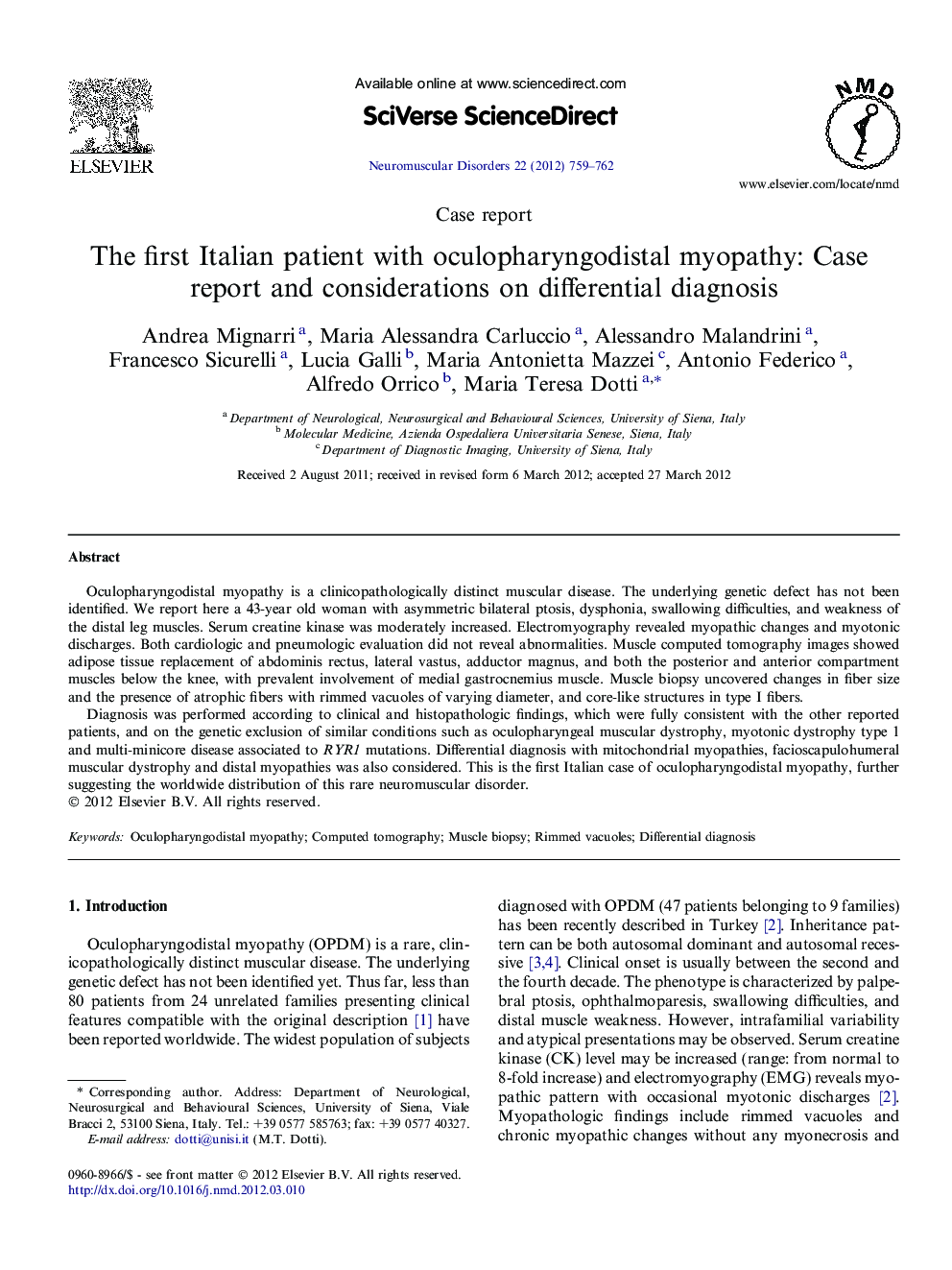 Case reportThe first Italian patient with oculopharyngodistal myopathy: Case report and considerations on differential diagnosis