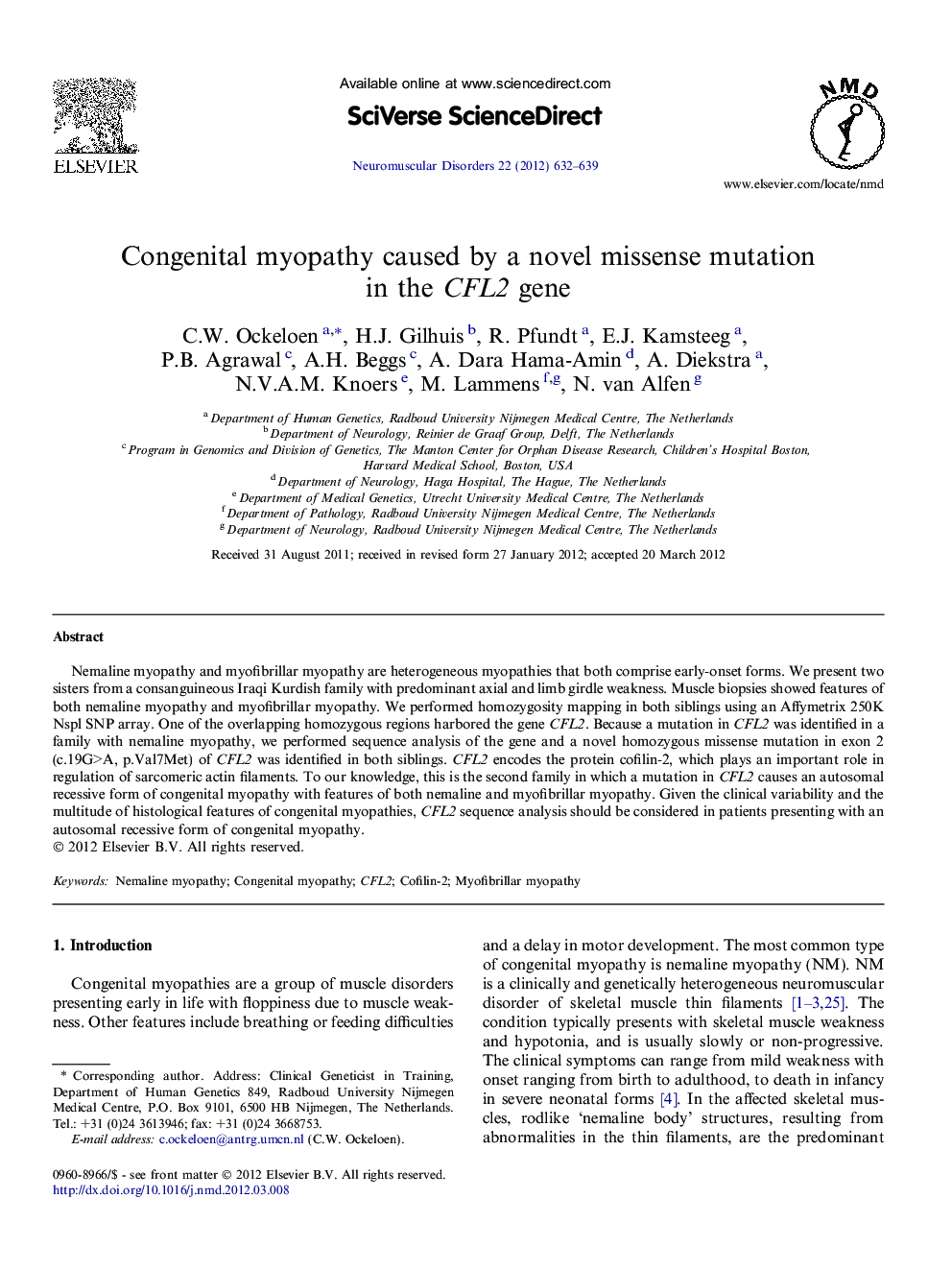 Congenital myopathy caused by a novel missense mutation in the CFL2 gene