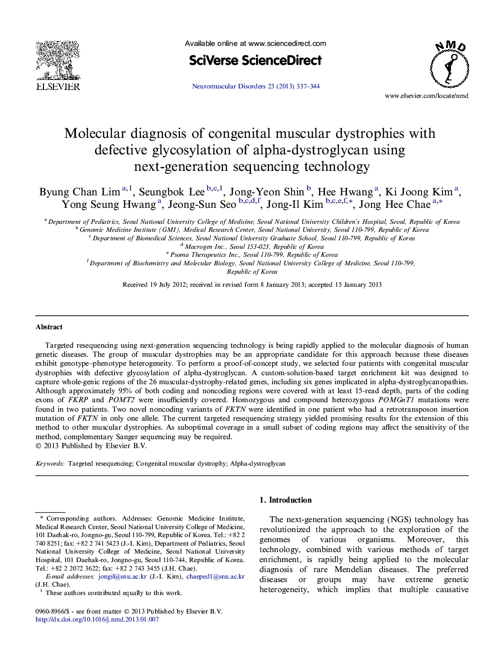 Molecular diagnosis of congenital muscular dystrophies with defective glycosylation of alpha-dystroglycan using next-generation sequencing technology