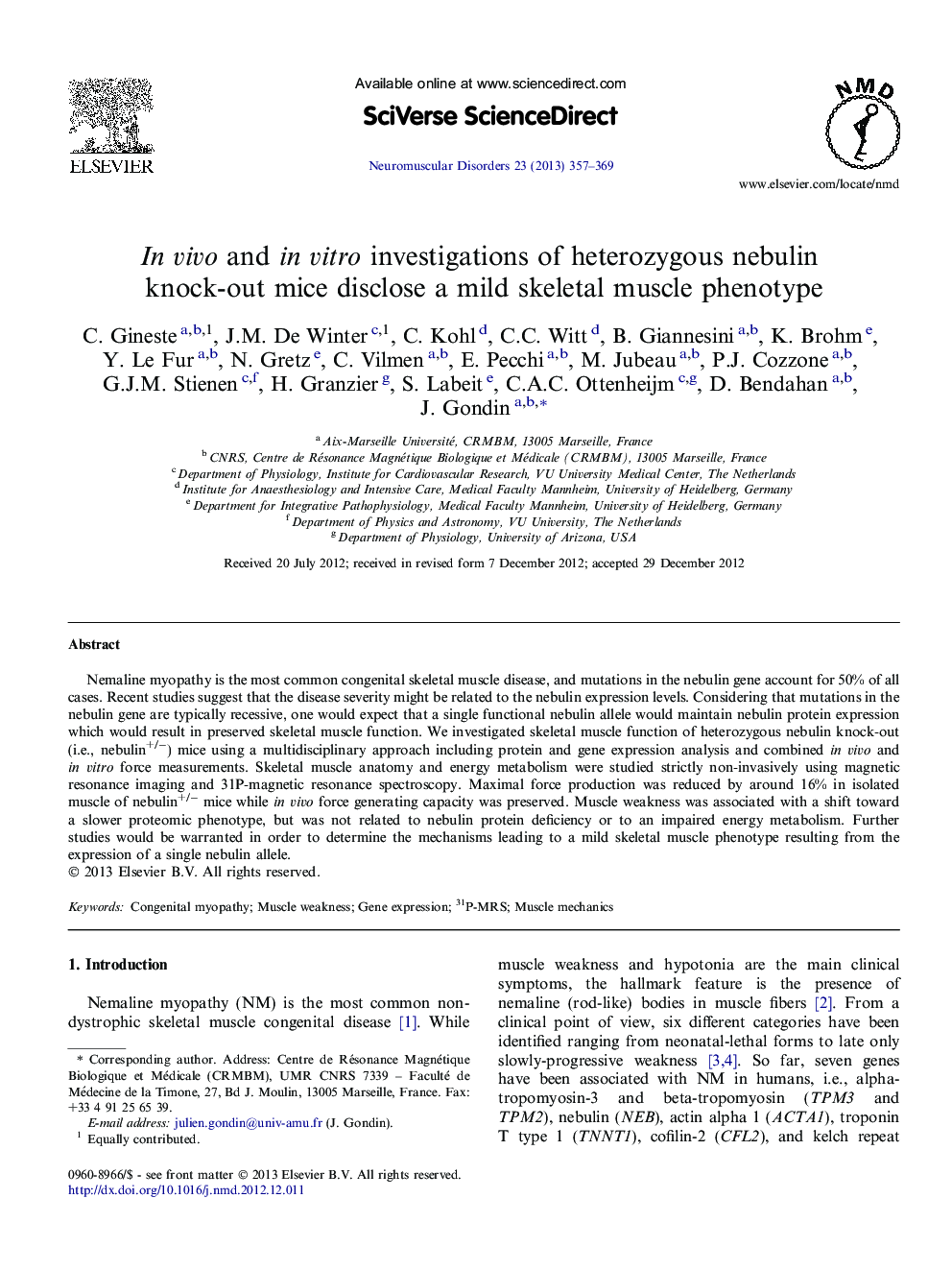 In vivo and in vitro investigations of heterozygous nebulin knock-out mice disclose a mild skeletal muscle phenotype