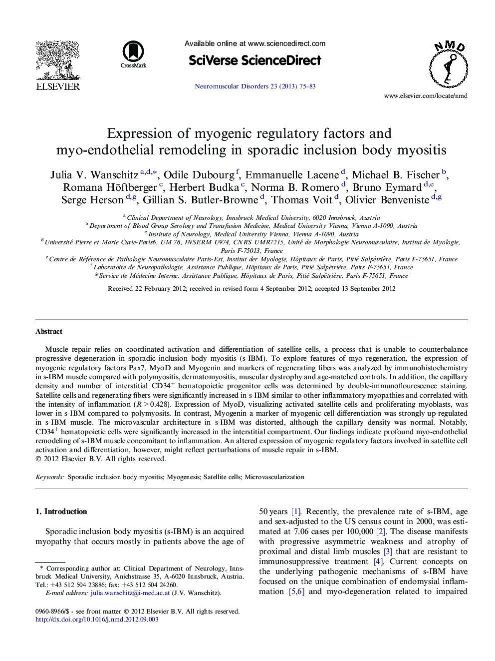 Expression of myogenic regulatory factors and myo-endothelial remodeling in sporadic inclusion body myositis