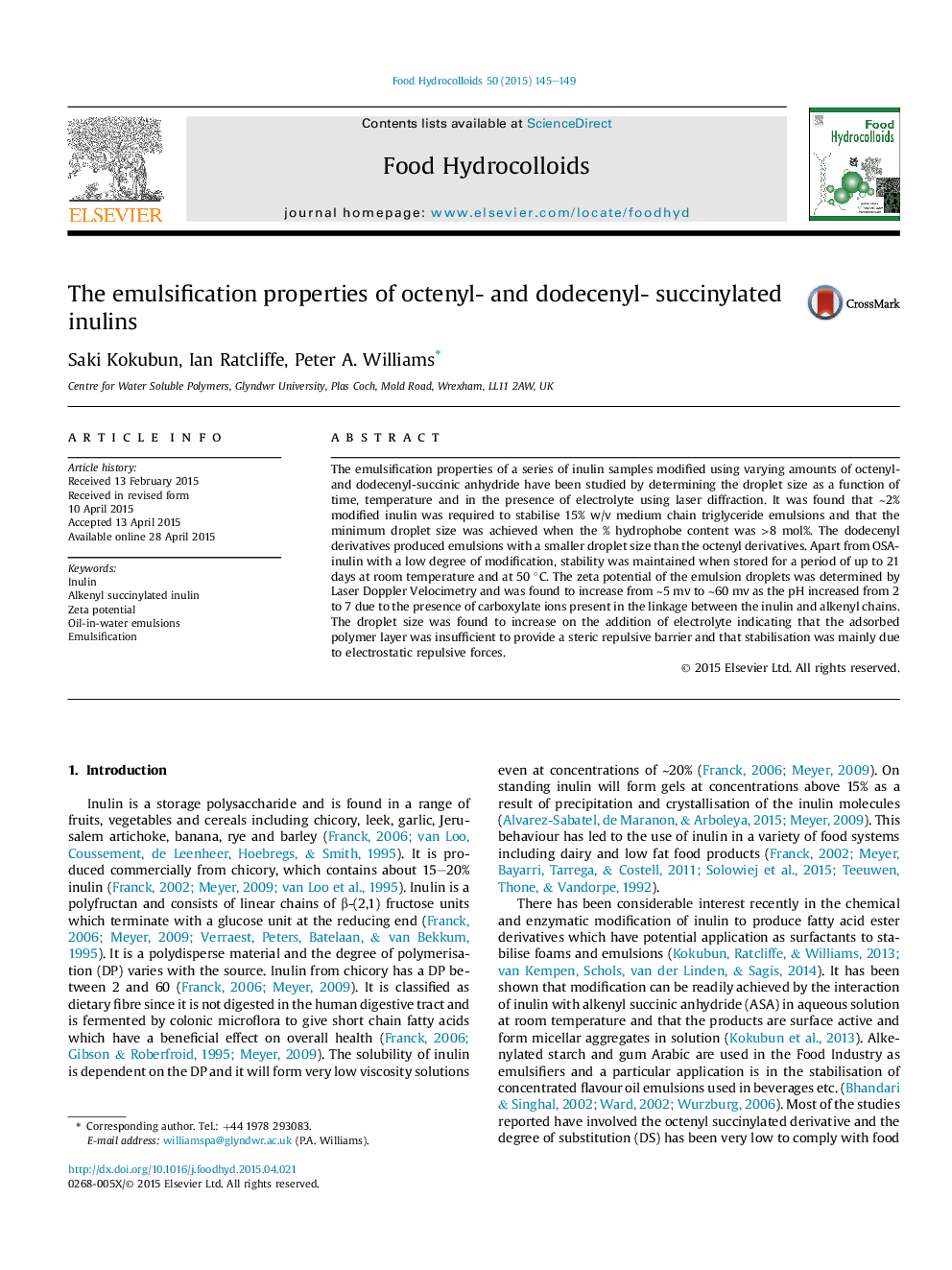 The emulsification properties of octenyl- and dodecenyl- succinylated inulins