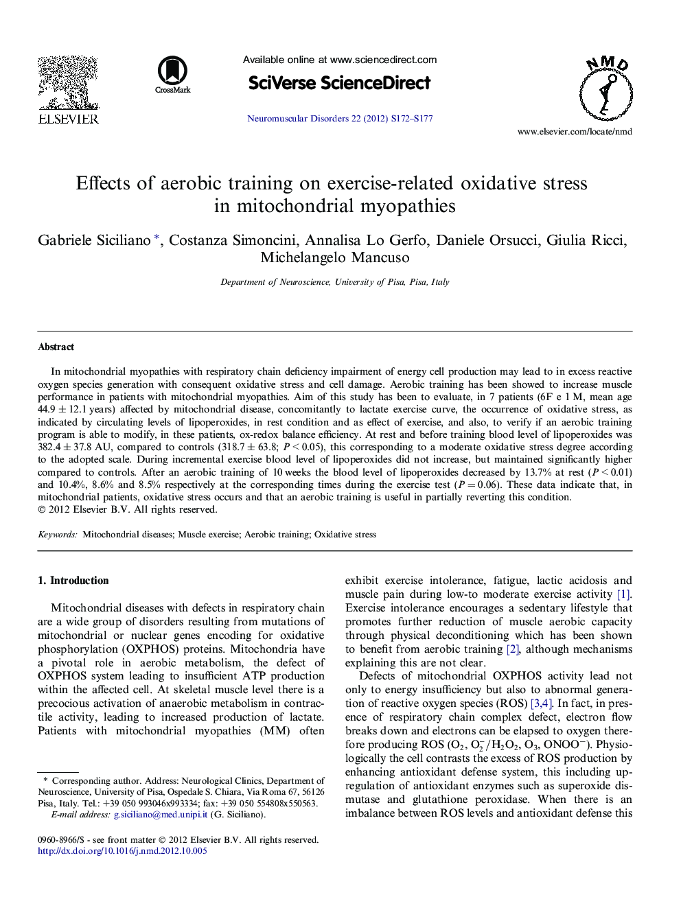 Effects of aerobic training on exercise-related oxidative stress in mitochondrial myopathies