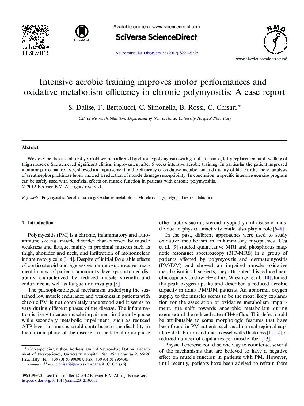 Intensive aerobic training improves motor performances and oxidative metabolism efficiency in chronic polymyositis: A case report