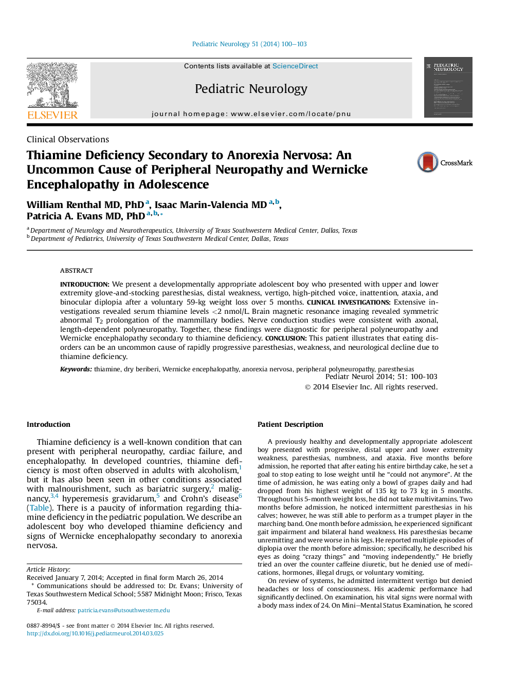 Thiamine Deficiency Secondary to Anorexia Nervosa: An Uncommon Cause of Peripheral Neuropathy and Wernicke Encephalopathy in Adolescence