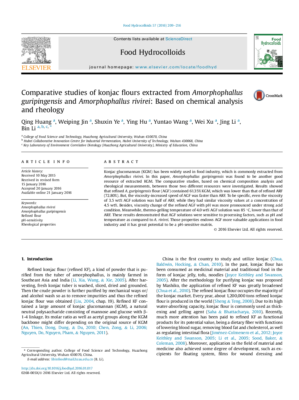 Comparative studies of konjac flours extracted from Amorphophallus guripingensis and Amorphophallus rivirei: Based on chemical analysis and rheology