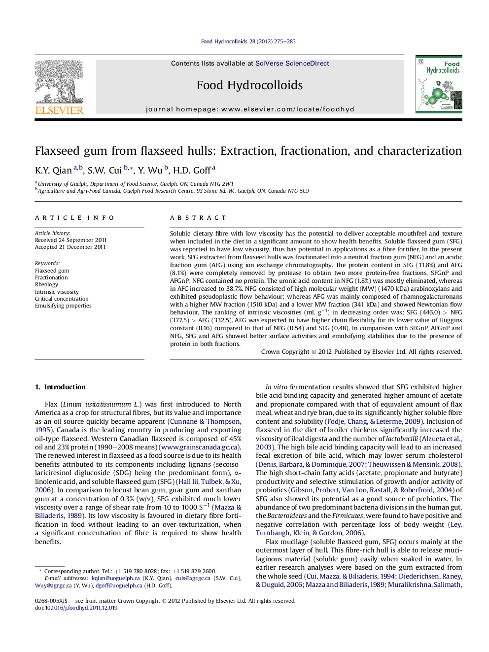 Flaxseed gum from flaxseed hulls: Extraction, fractionation, and characterization