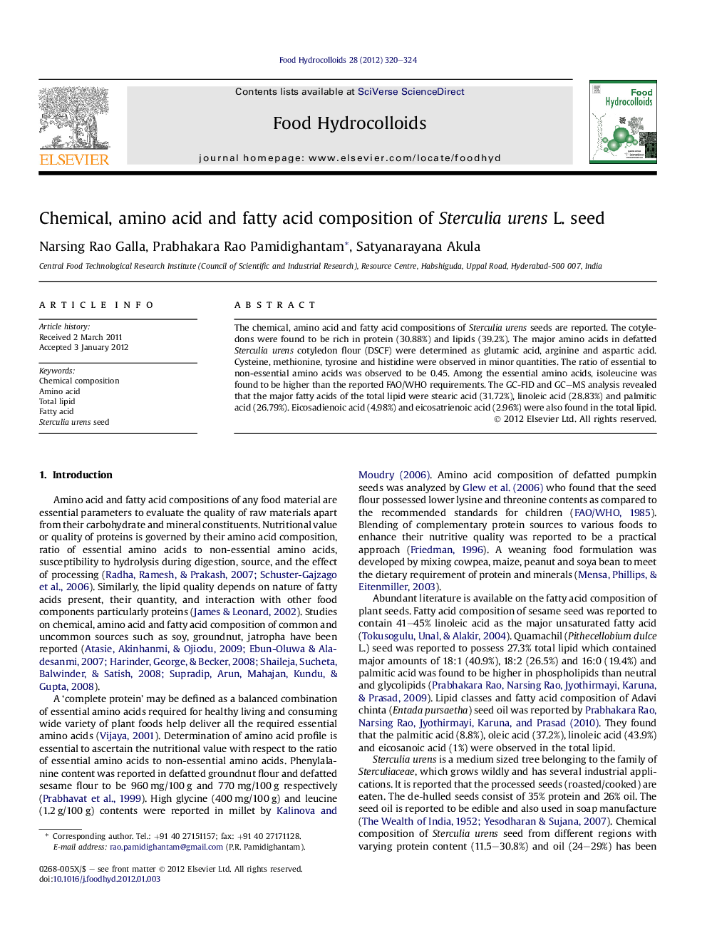 Chemical, amino acid and fatty acid composition of Sterculia urens L. seed