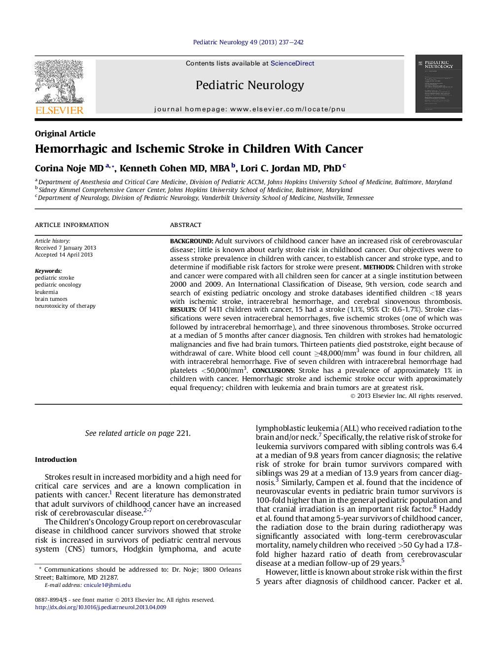 Original ArticleHemorrhagic and Ischemic Stroke in Children With Cancer