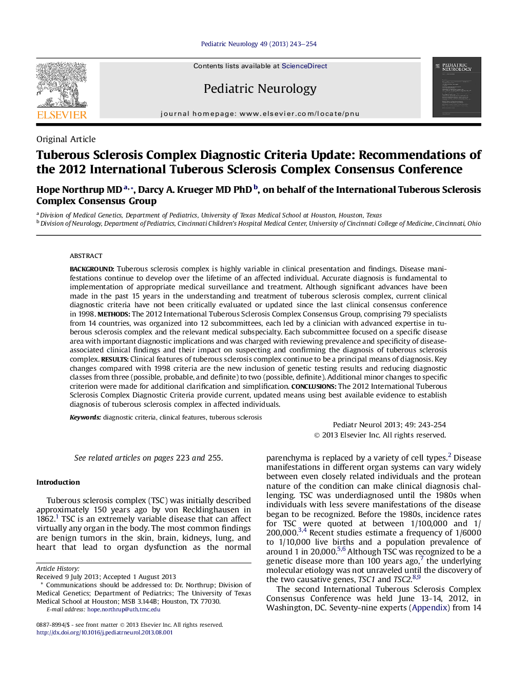 Tuberous Sclerosis Complex Diagnostic Criteria Update: Recommendations of the 2012 International Tuberous Sclerosis Complex Consensus Conference