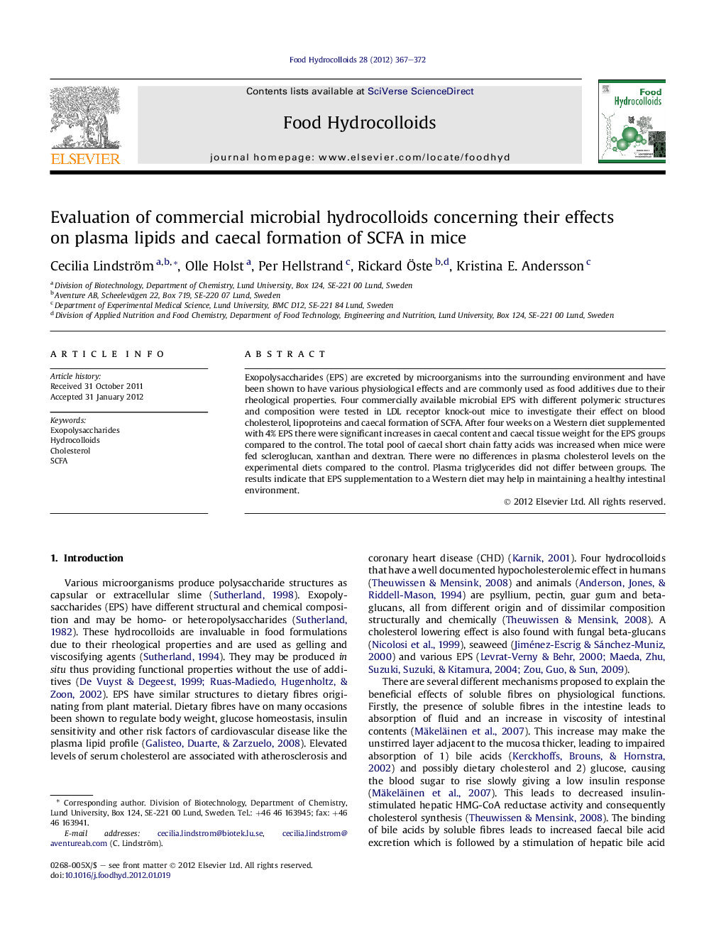 Evaluation of commercial microbial hydrocolloids concerning their effects on plasma lipids and caecal formation of SCFA in mice