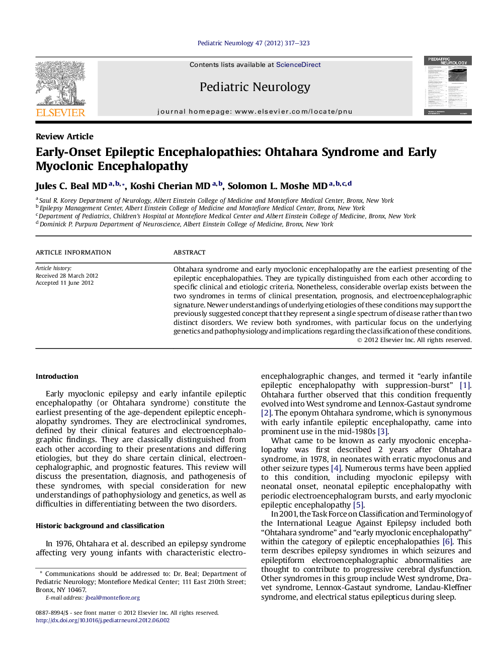 Early-Onset Epileptic Encephalopathies: Ohtahara Syndrome and Early Myoclonic Encephalopathy