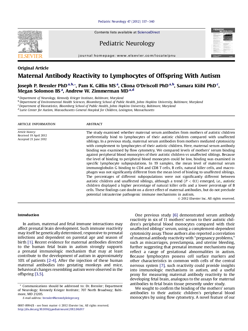 Maternal Antibody Reactivity to Lymphocytes of Offspring With Autism