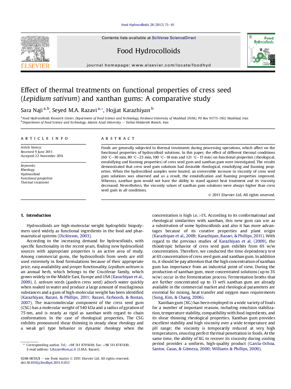 Effect of thermal treatments on functional properties of cress seed (Lepidium sativum) and xanthan gums: A comparative study