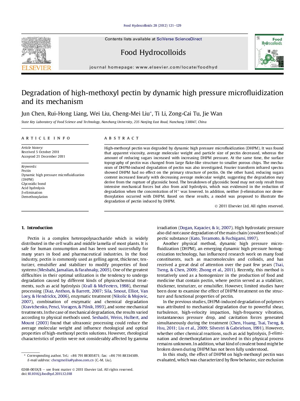 Degradation of high-methoxyl pectin by dynamic high pressure microfluidization and its mechanism