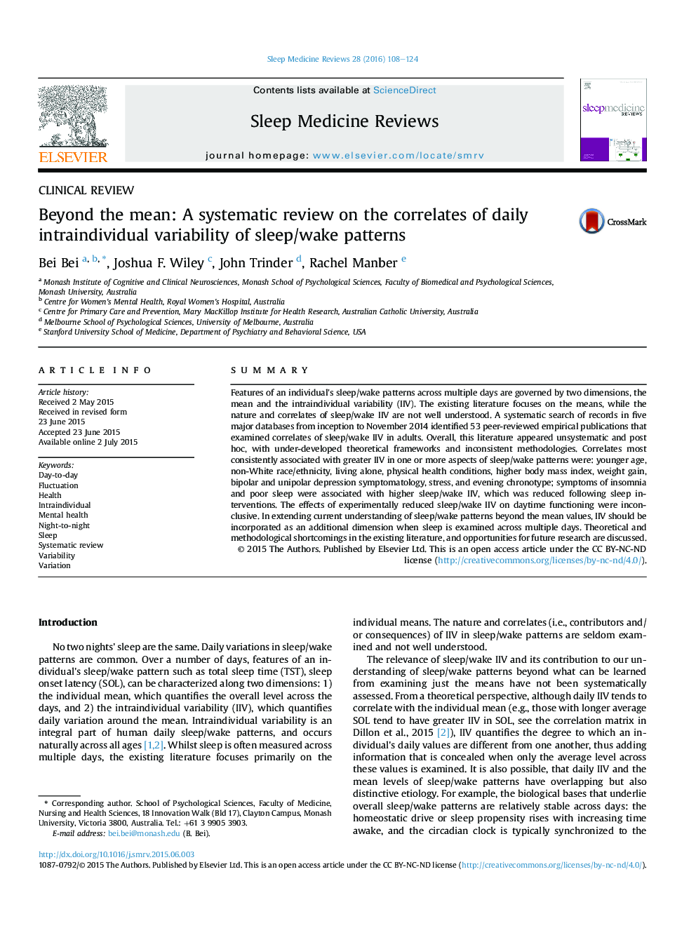 Clinical reviewBeyond the mean: A systematic review on the correlates of daily intraindividual variability of sleep/wake patterns