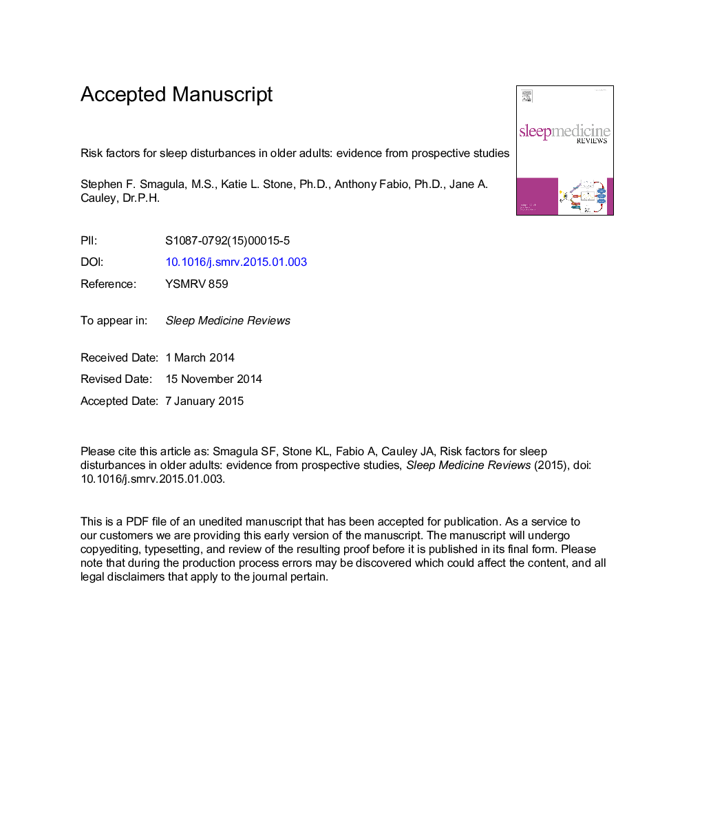 Risk factors for sleep disturbances in older adults: Evidence from prospective studies