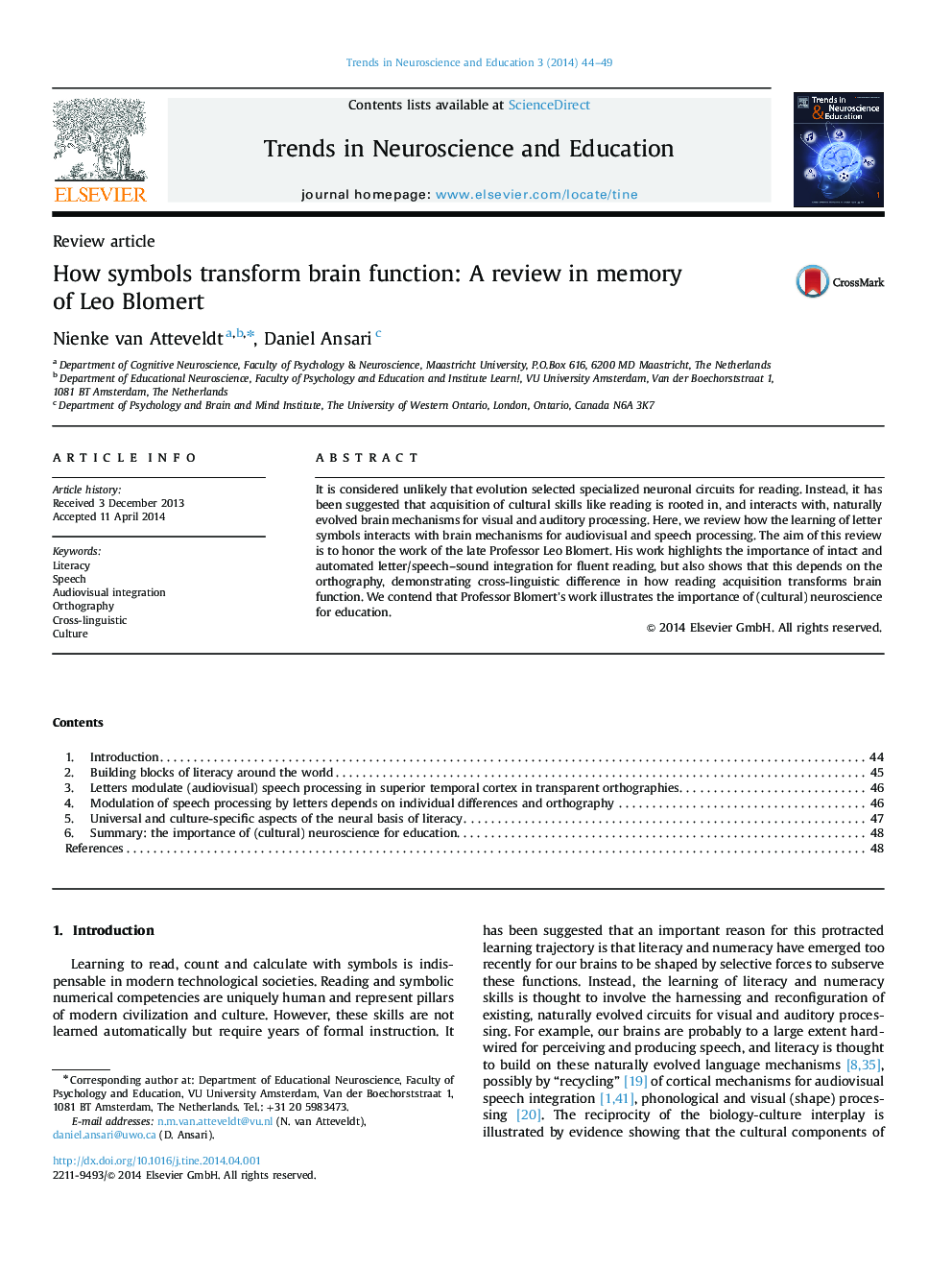 Review articleHow symbols transform brain function: A review in memory of Leo Blomert