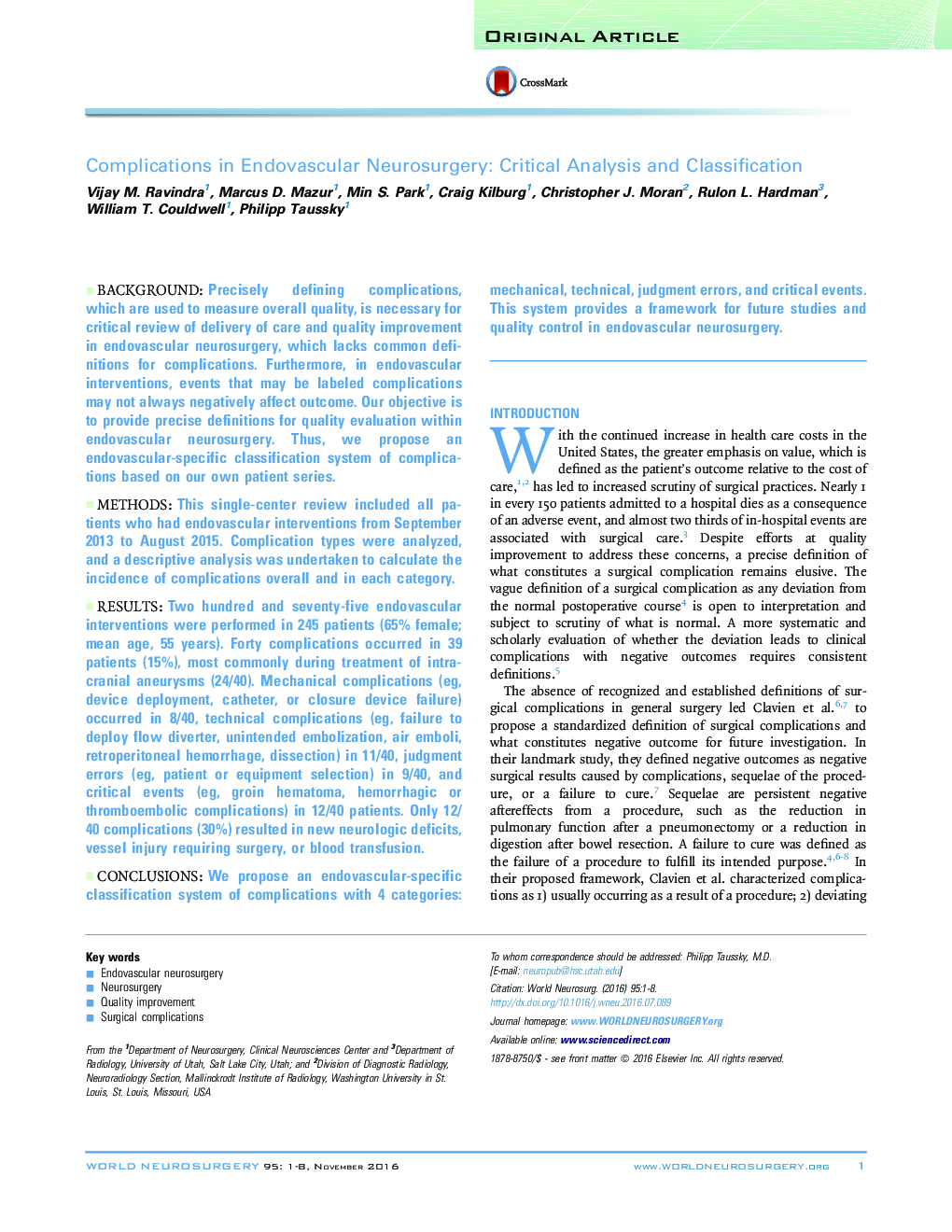 Complications in Endovascular Neurosurgery: Critical Analysis and Classification