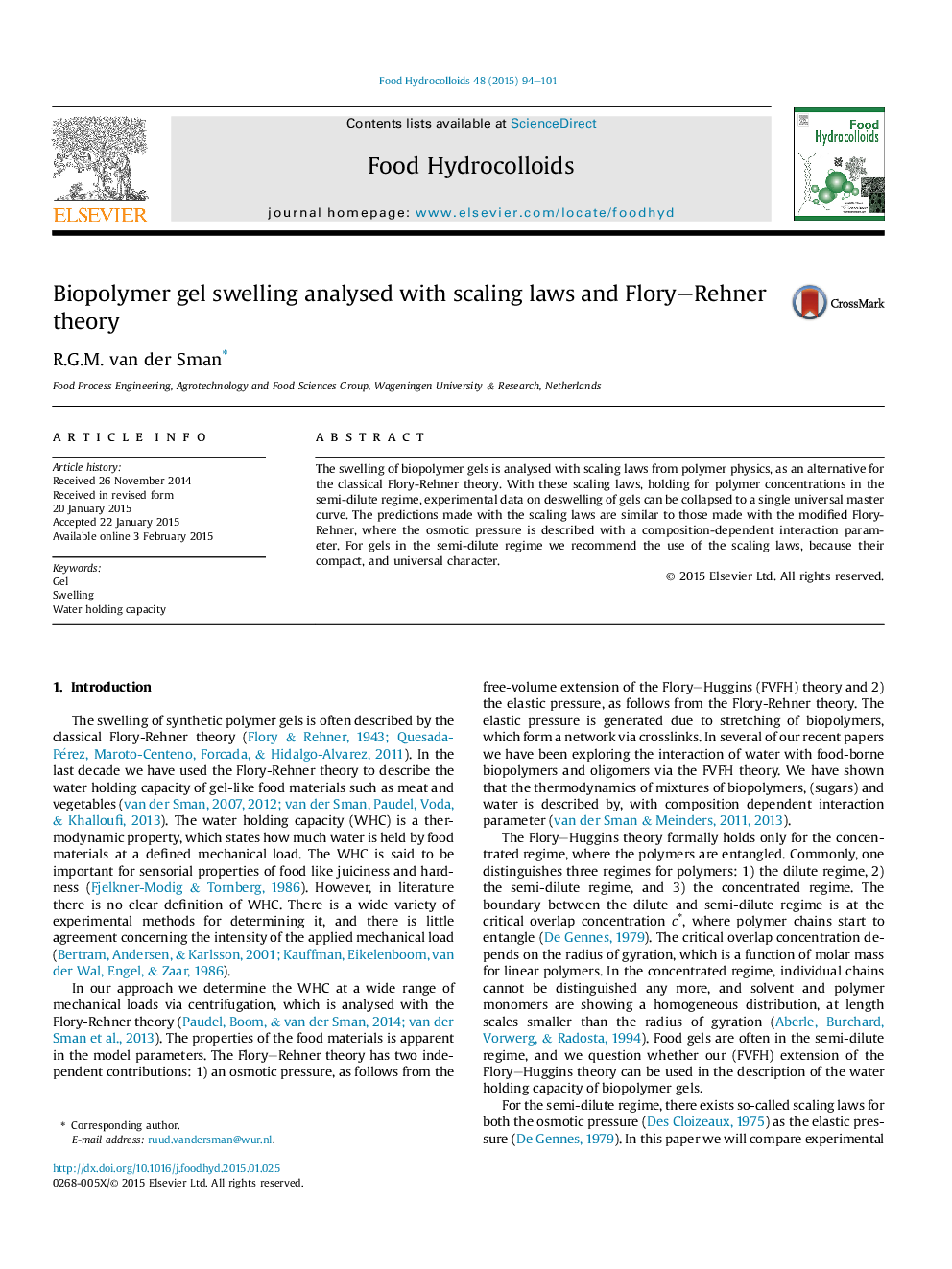 Biopolymer gel swelling analysed with scaling laws and Flory–Rehner theory