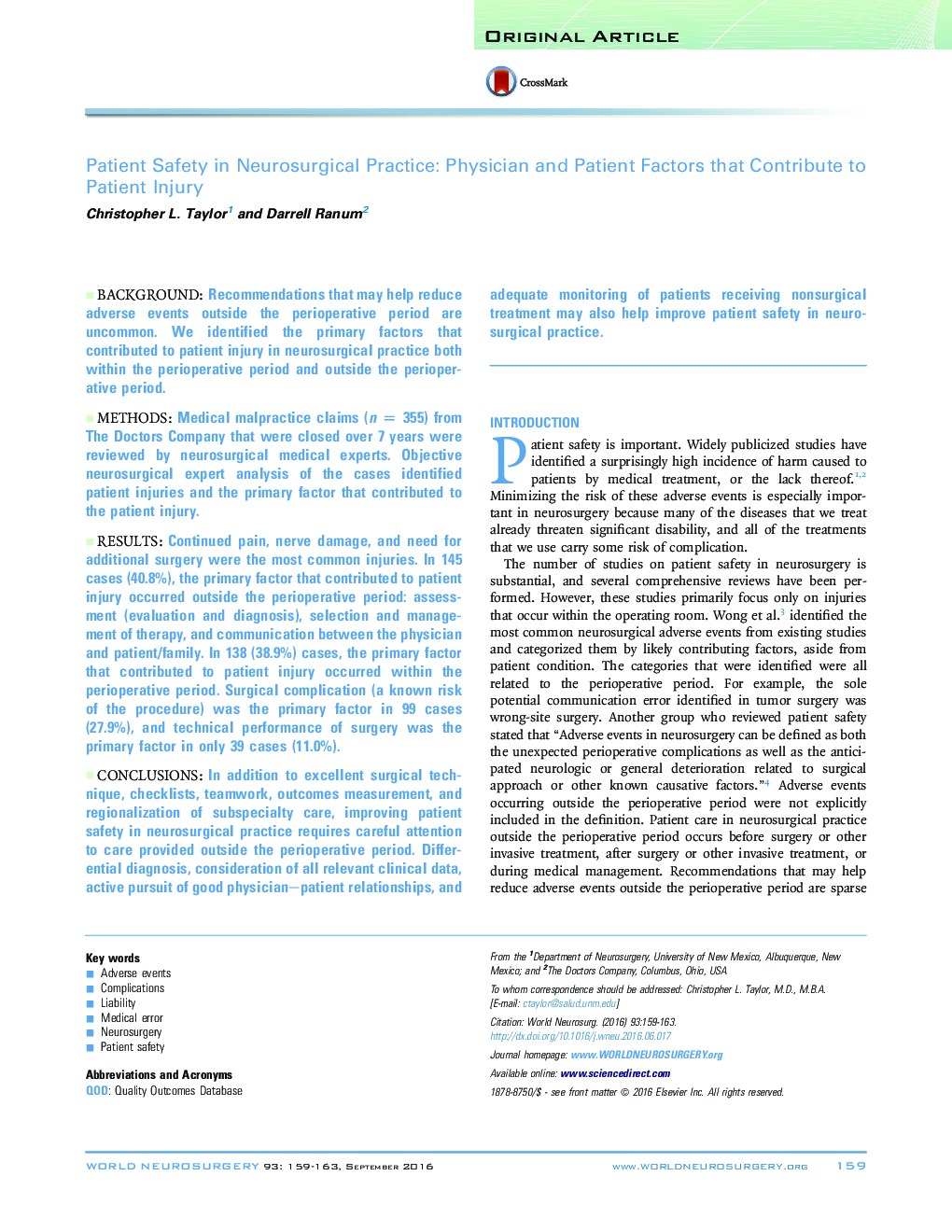 Patient Safety in Neurosurgical Practice: Physician and Patient Factors that Contribute to Patient Injury
