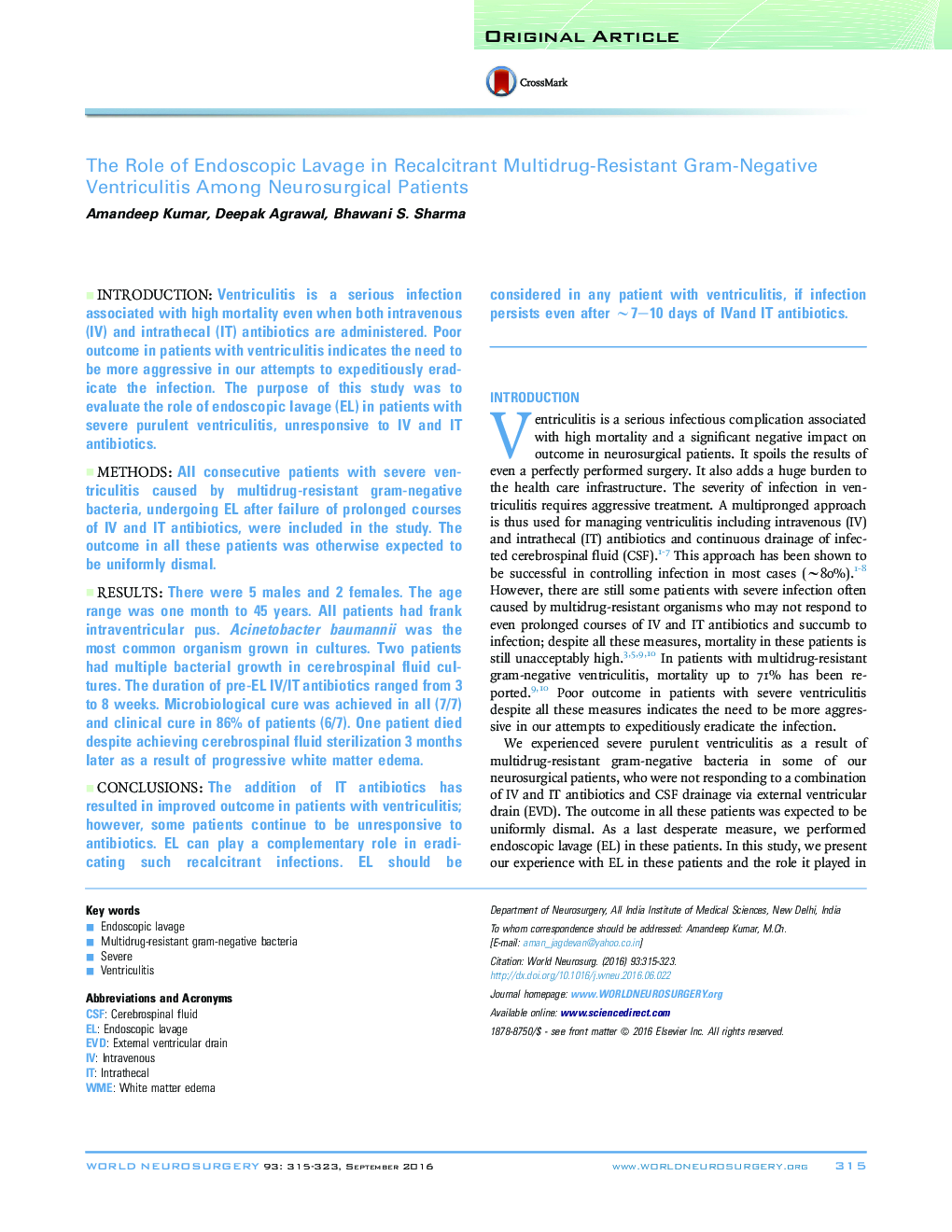 The Role of Endoscopic Lavage in Recalcitrant Multidrug-Resistant Gram-Negative Ventriculitis Among Neurosurgical Patients