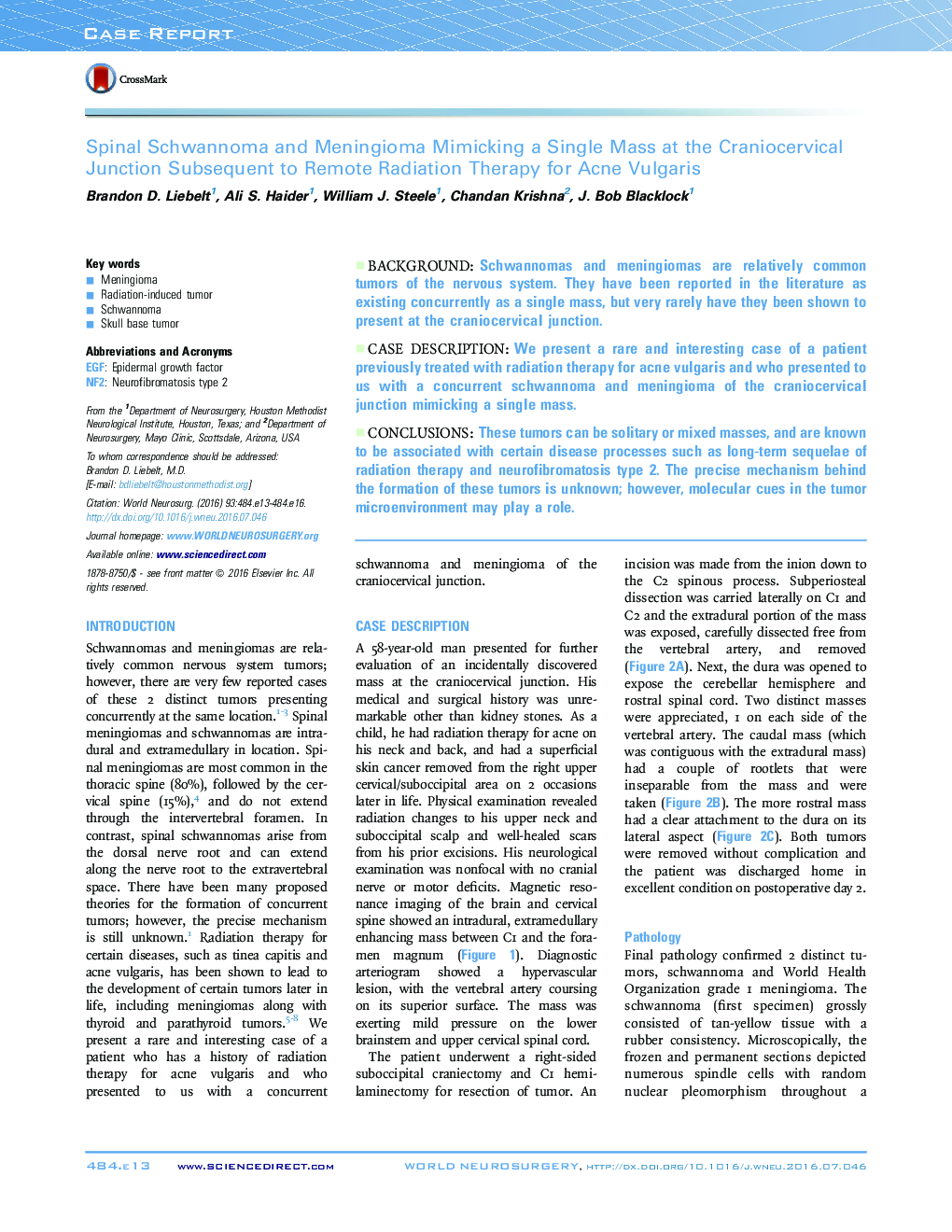 Spinal Schwannoma and Meningioma Mimicking a Single Mass at the Craniocervical Junction Subsequent to Remote Radiation Therapy for Acne Vulgaris