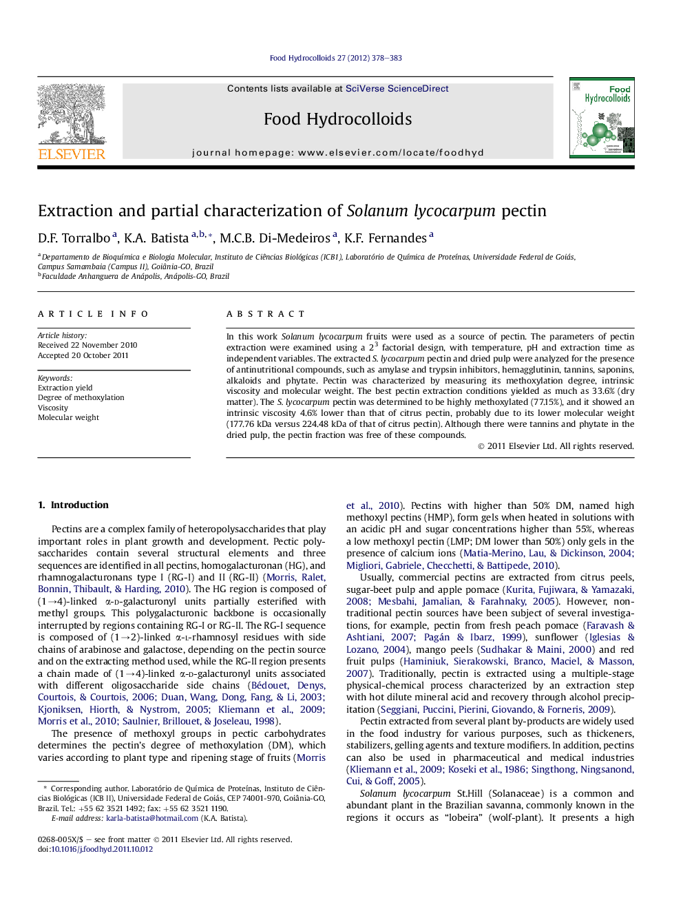 Extraction and partial characterization of Solanum lycocarpum pectin