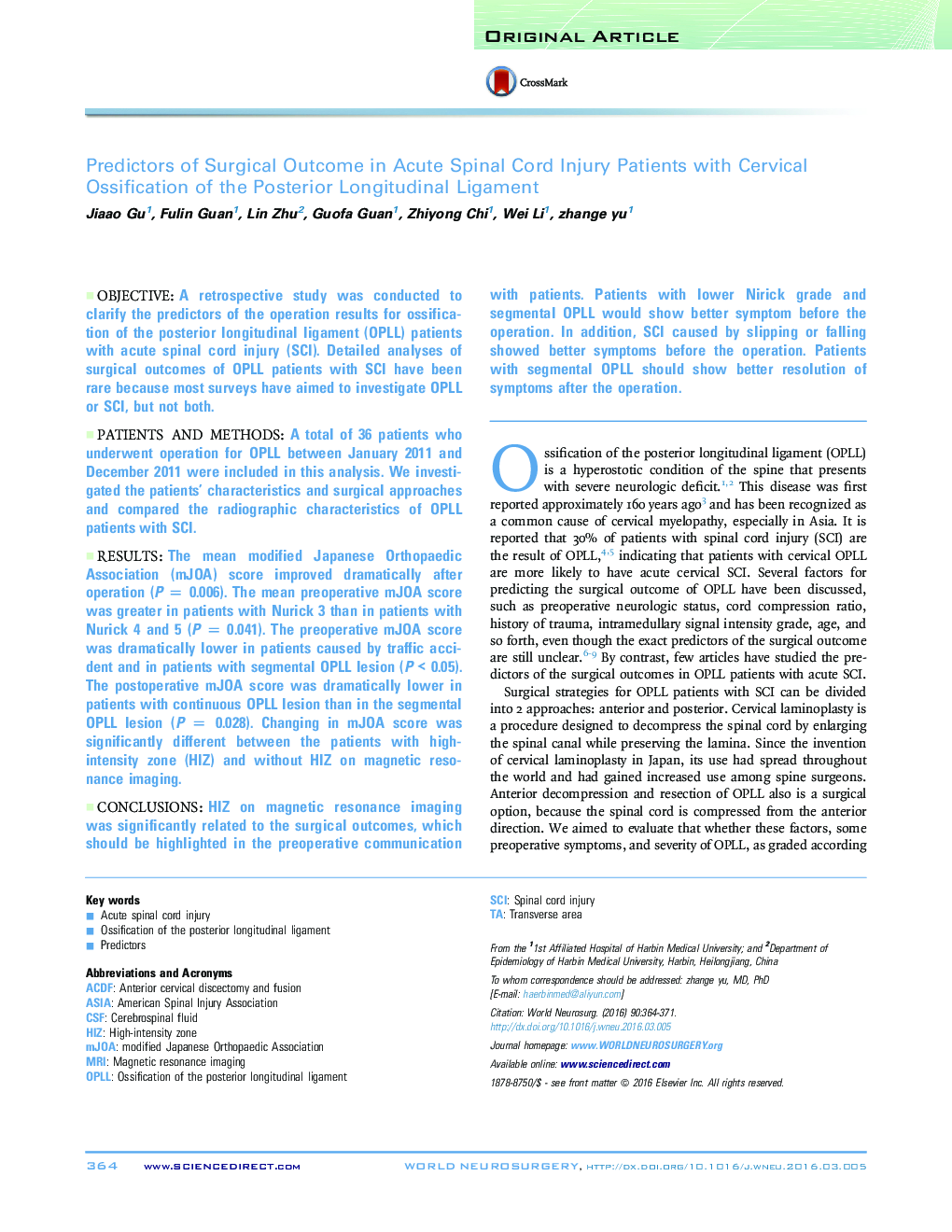 Predictors of Surgical Outcome in Acute Spinal Cord Injury Patients with Cervical Ossification of the Posterior Longitudinal Ligament