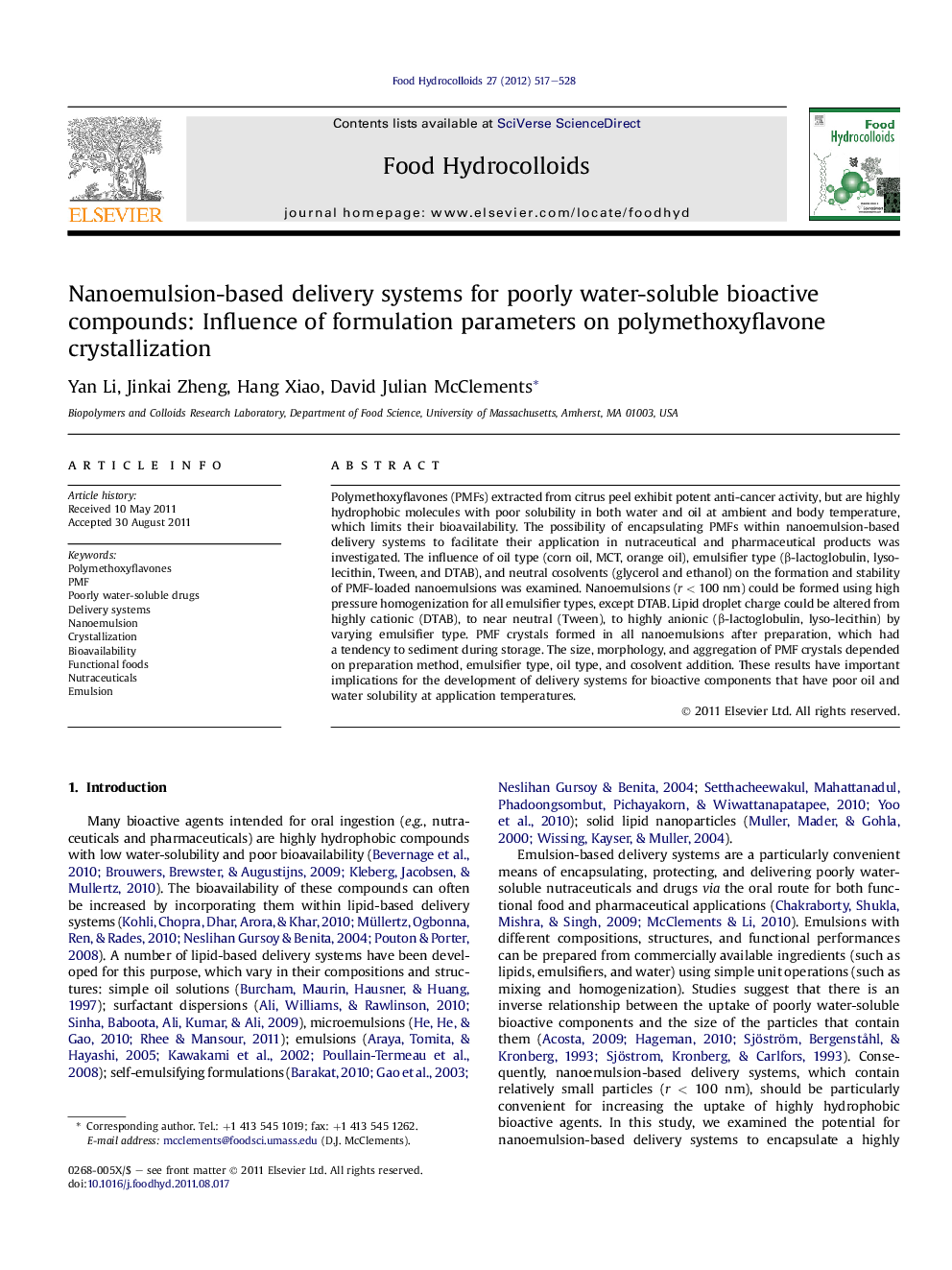 Nanoemulsion-based delivery systems for poorly water-soluble bioactive compounds: Influence of formulation parameters on polymethoxyflavone crystallization