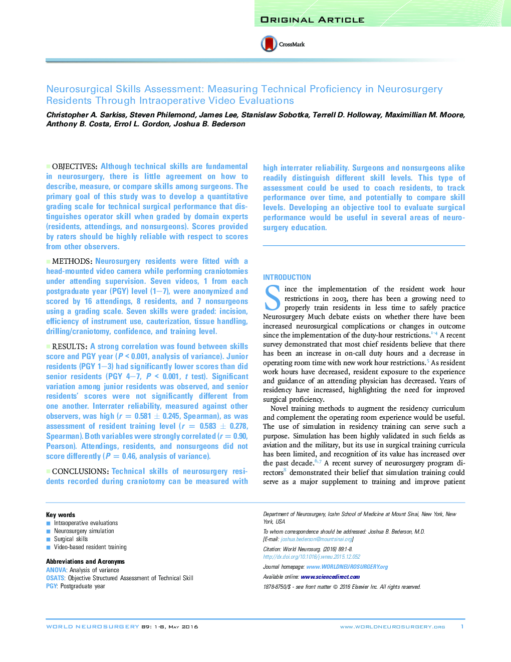 Neurosurgical Skills Assessment: Measuring Technical Proficiency in Neurosurgery Residents Through Intraoperative Video Evaluations