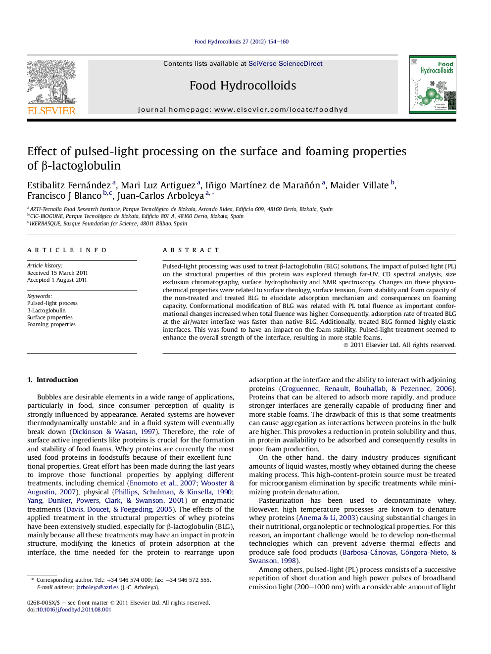 Effect of pulsed-light processing on the surface and foaming properties of β-lactoglobulin