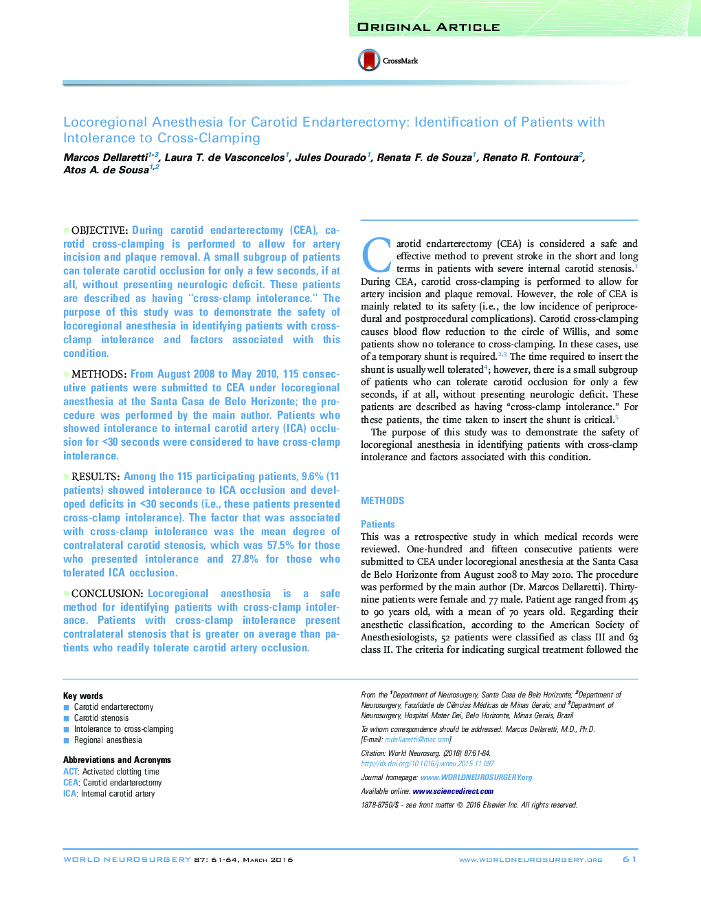 Locoregional Anesthesia for Carotid Endarterectomy: Identification of Patients with Intolerance to Cross-Clamping