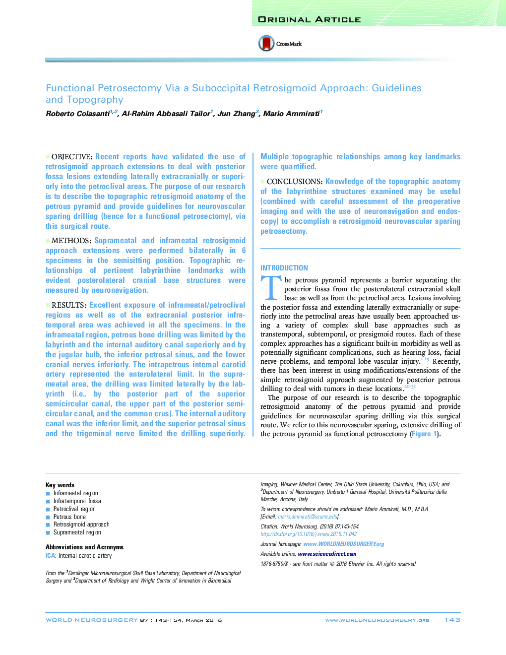 Original ArticleFunctional Petrosectomy Via a Suboccipital Retrosigmoid Approach: Guidelines and Topography