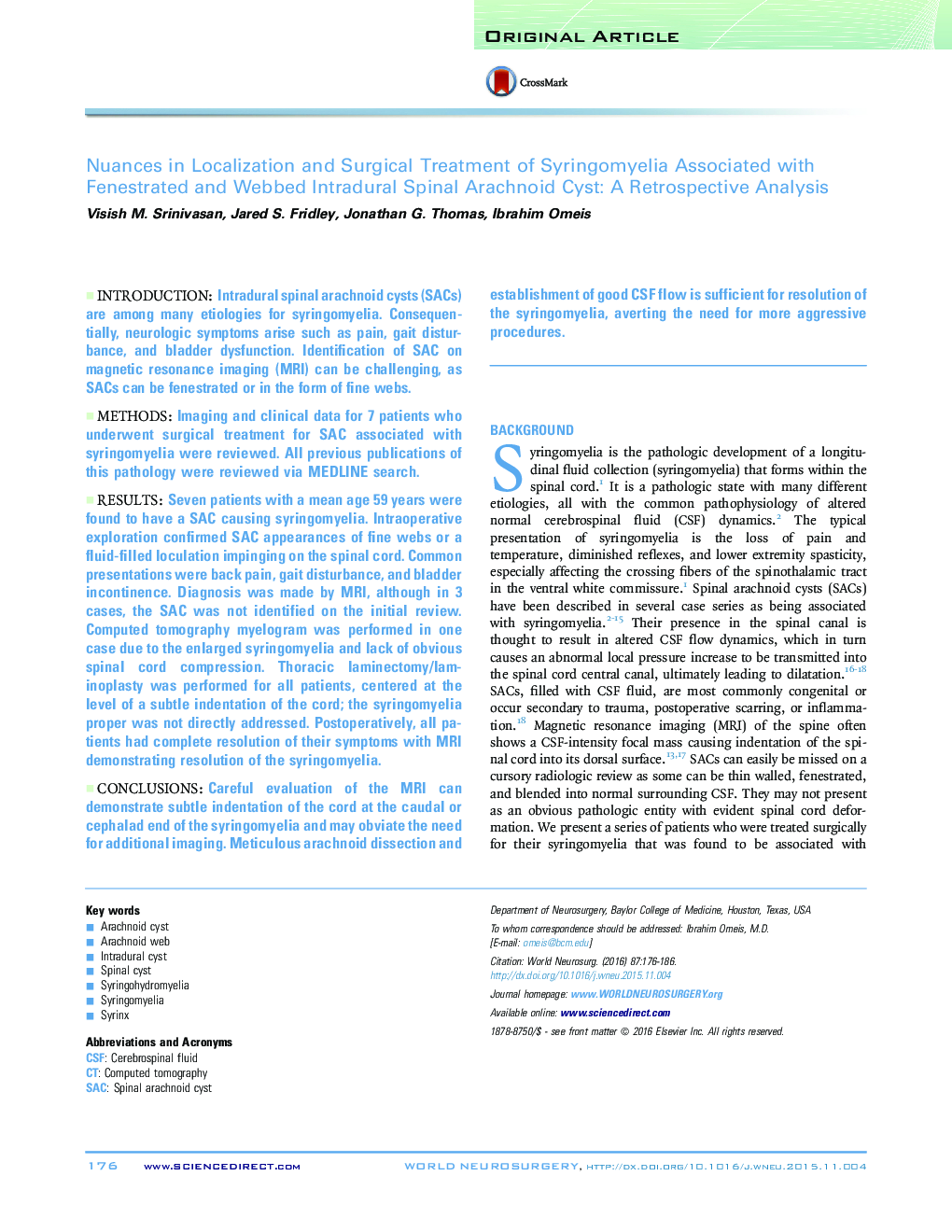 Nuances in Localization and Surgical Treatment of Syringomyelia Associated with Fenestrated and Webbed Intradural Spinal Arachnoid Cyst: A Retrospective Analysis