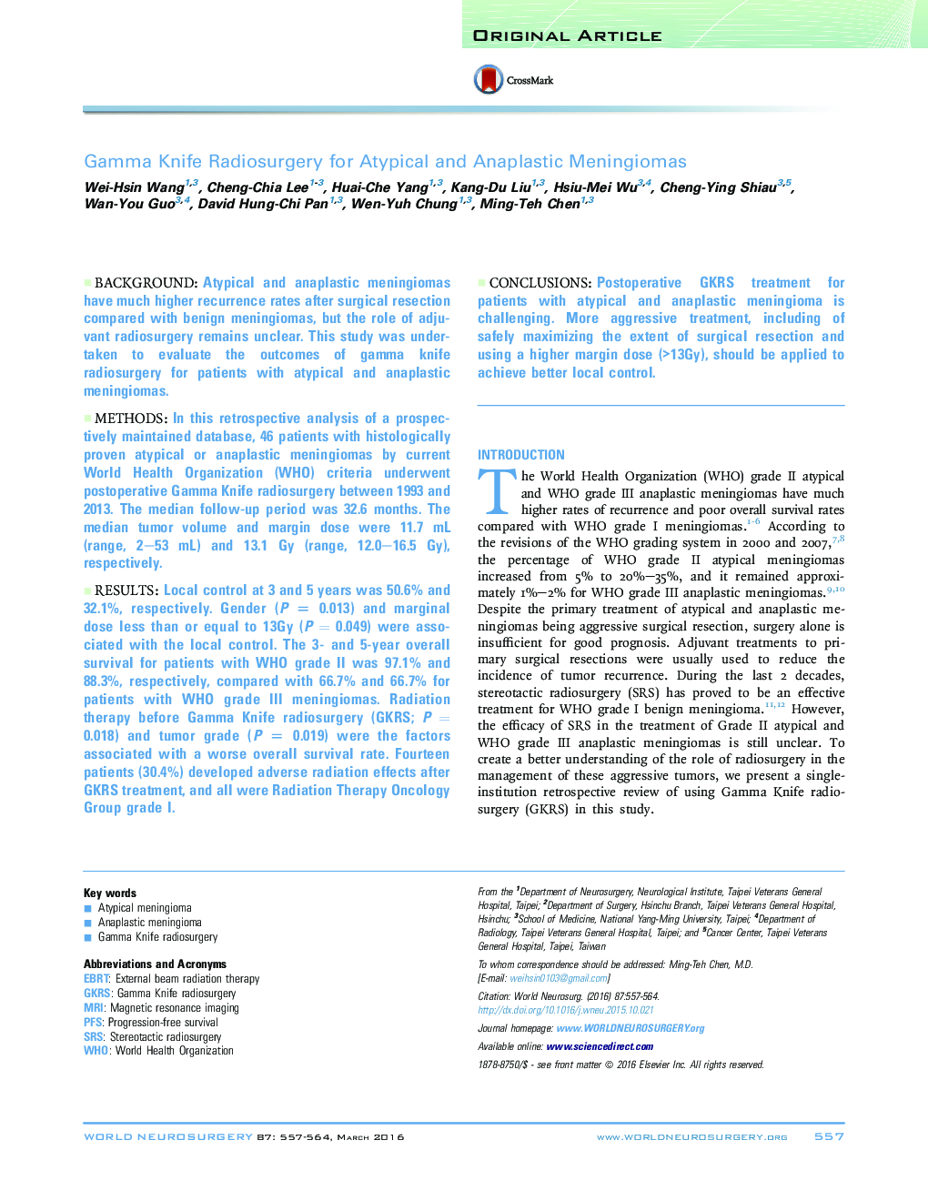 Original ArticleGamma Knife Radiosurgery for Atypical and Anaplastic Meningiomas