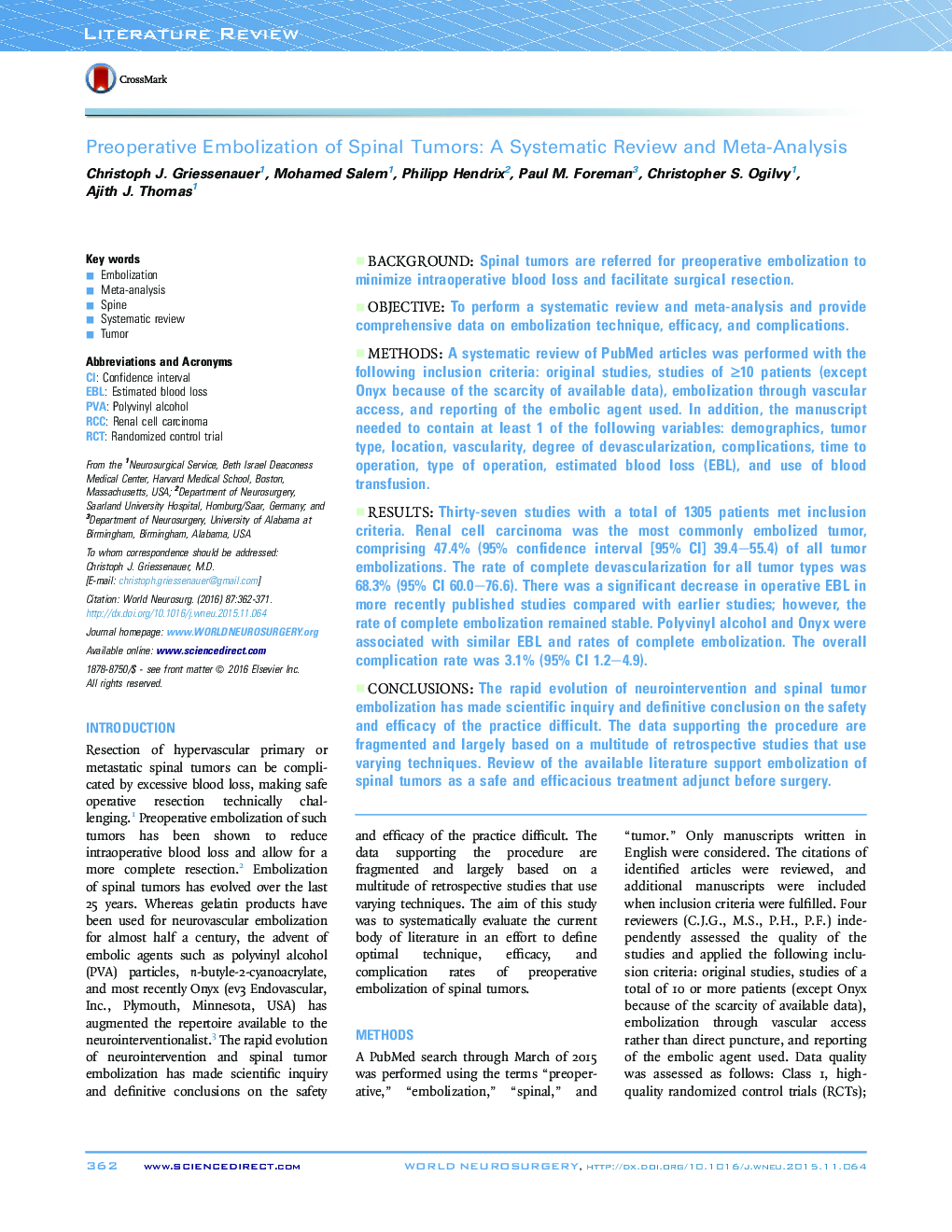 Preoperative Embolization of Spinal Tumors: A Systematic Review and Meta-Analysis