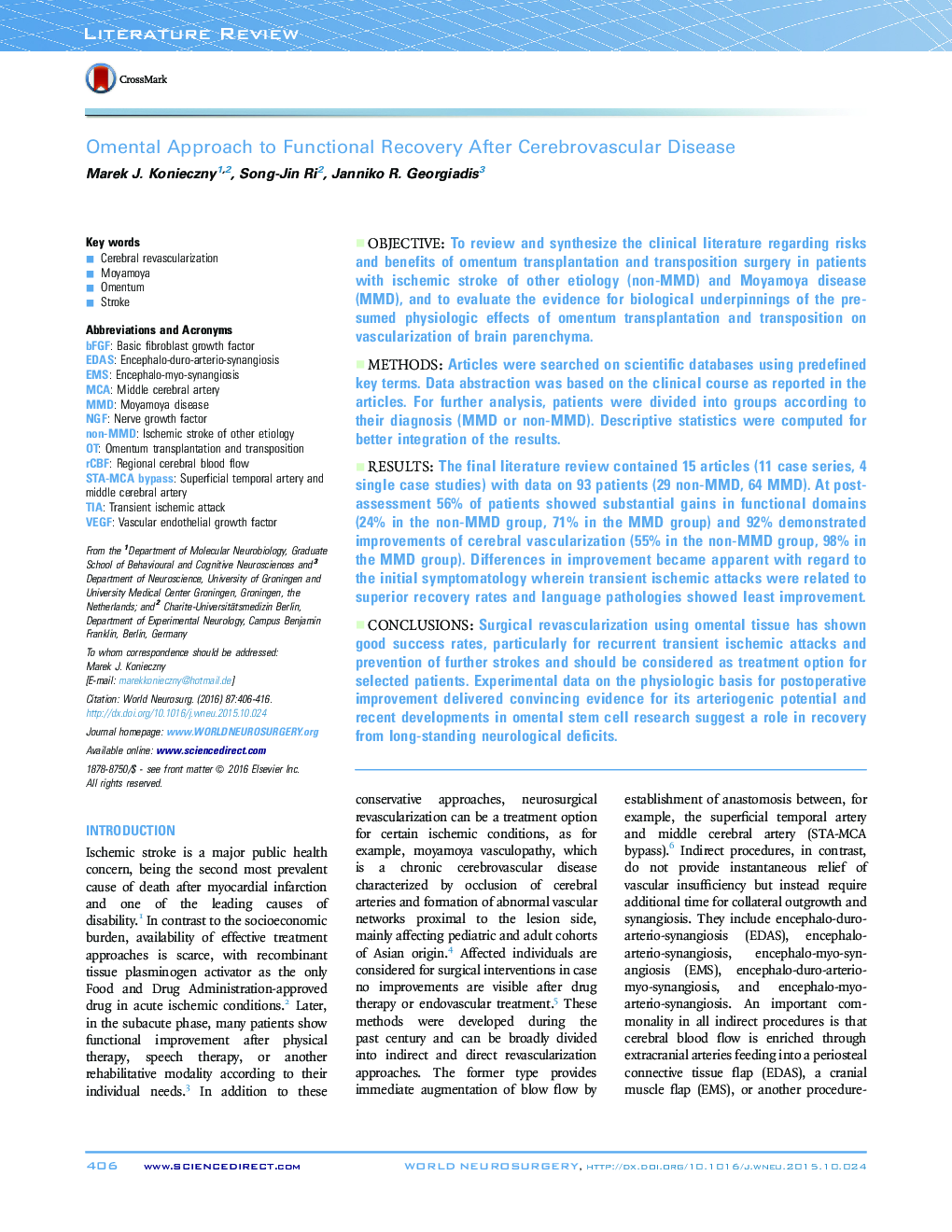 Omental Approach to Functional Recovery After Cerebrovascular Disease