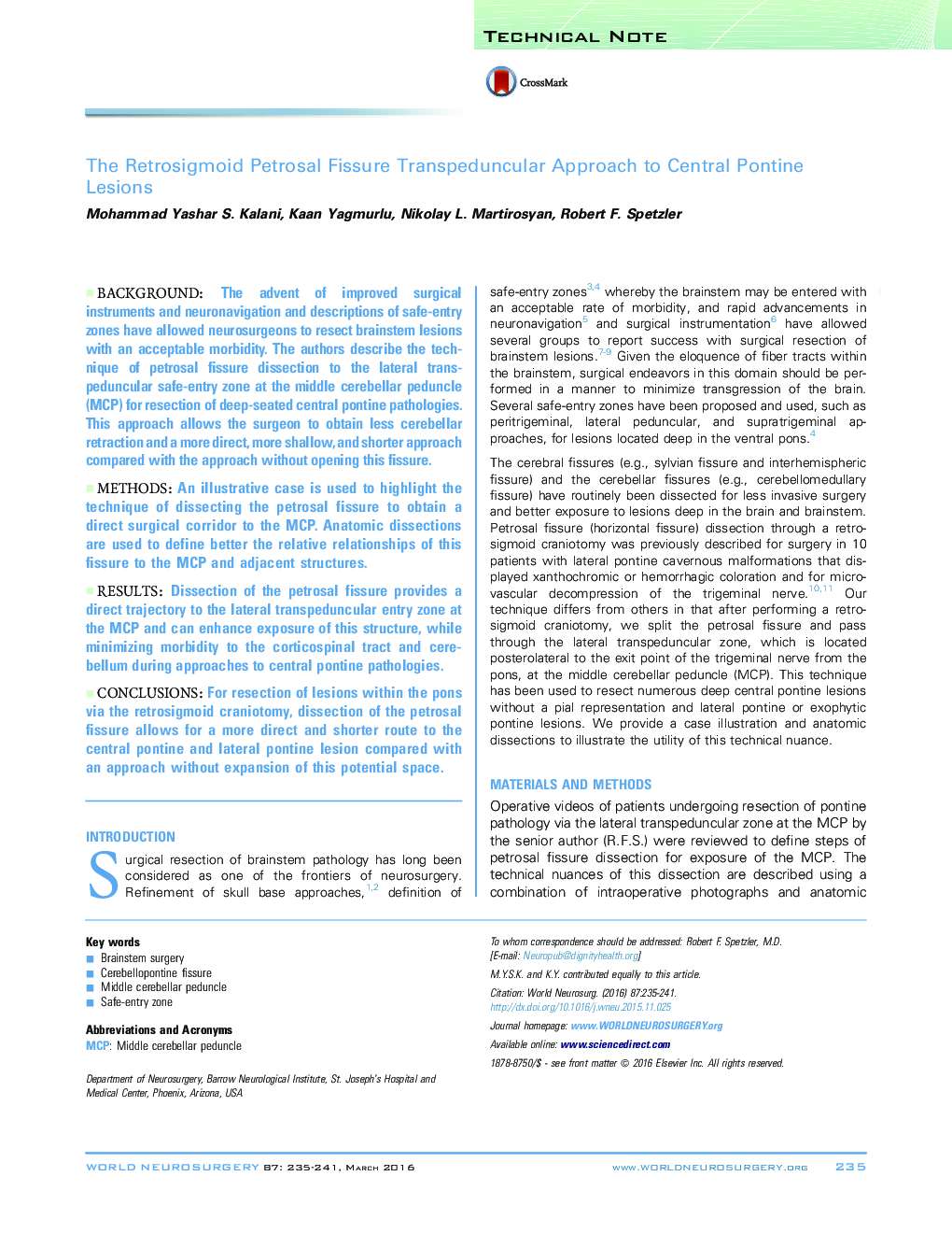 Technical NoteThe Retrosigmoid Petrosal Fissure Transpeduncular Approach to Central Pontine Lesions