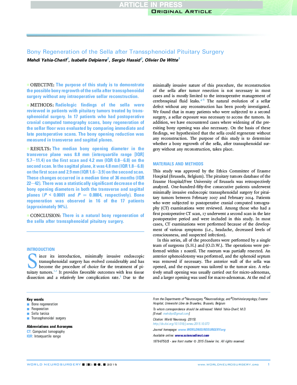 Bony Regeneration of the Sella after Transsphenoidal Pituitary Surgery